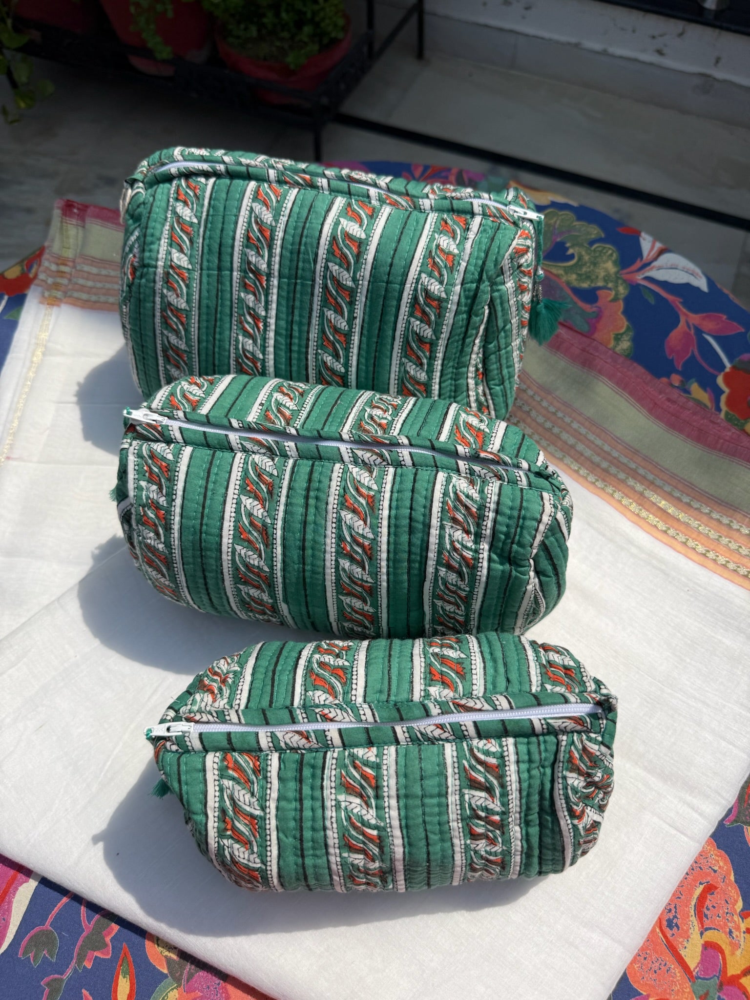 Green Striped Pouch Set of 3