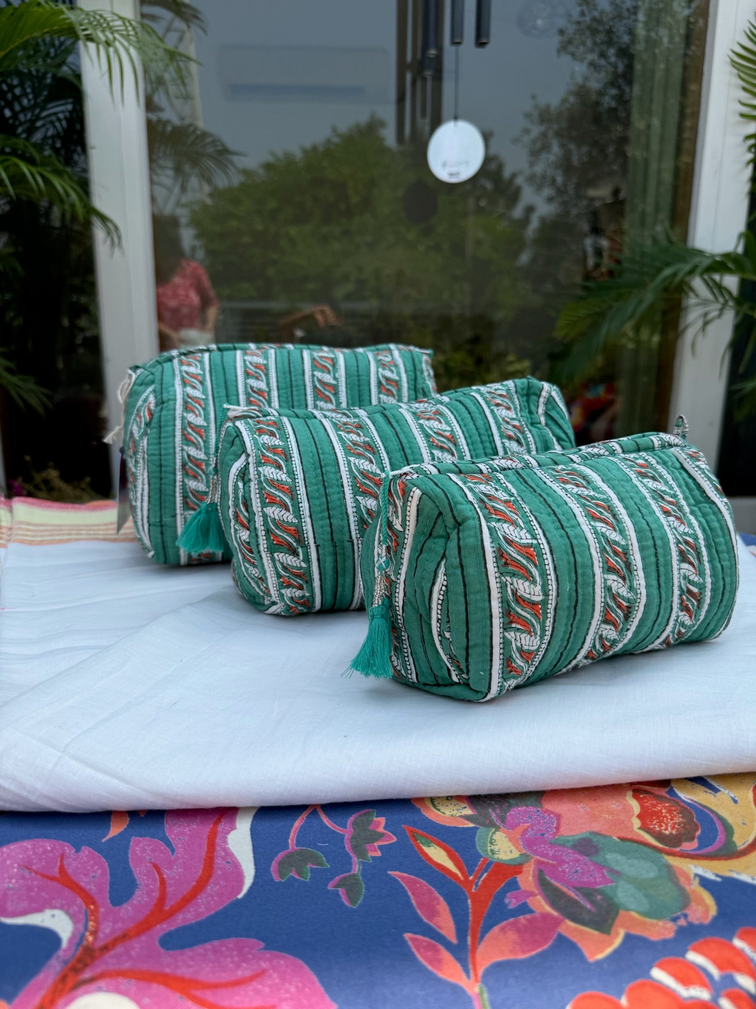 Green Striped Pouch Set of 3