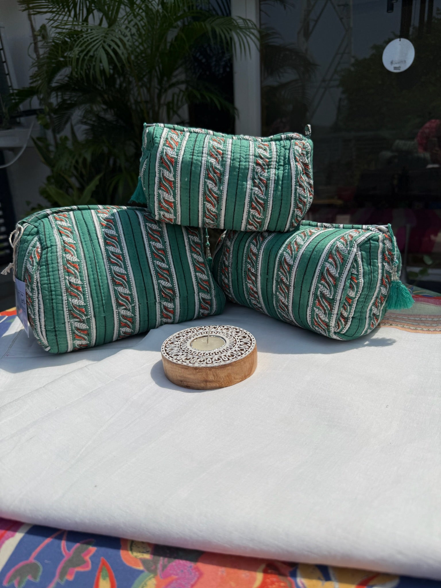 Green Striped Pouch Set of 3