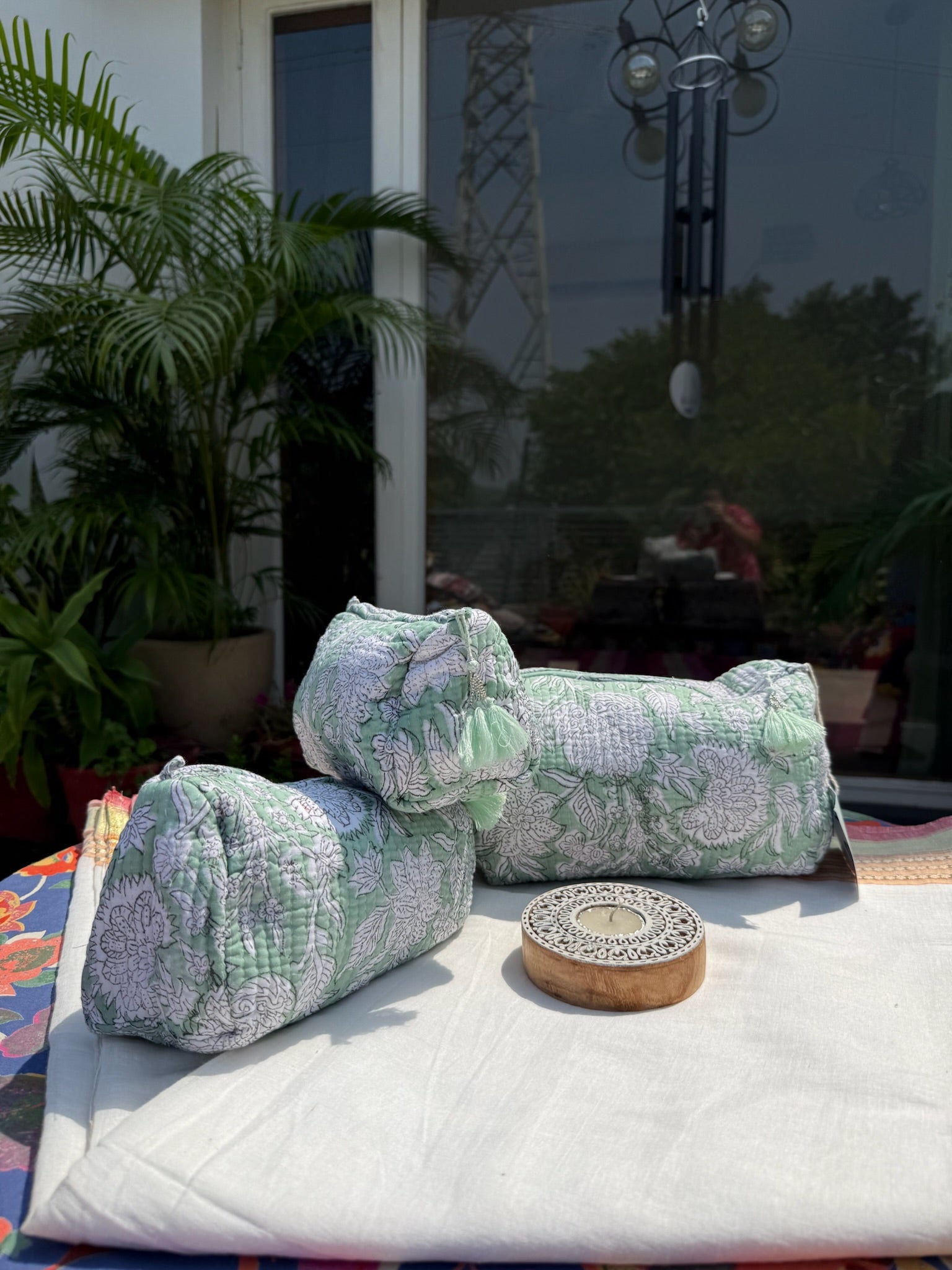 Green Floral Pouch Set of 3