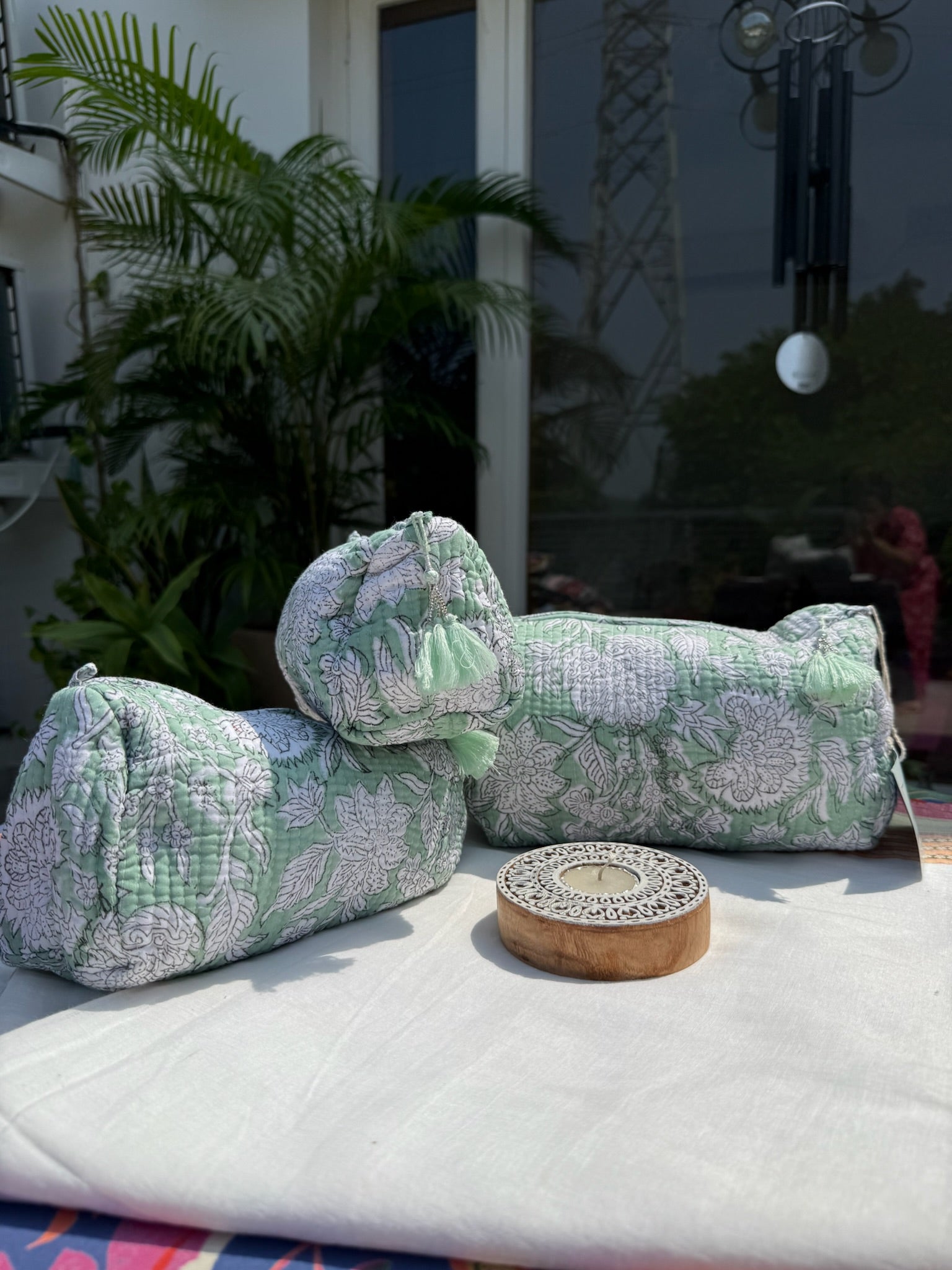 Green Floral Pouch Set of 3