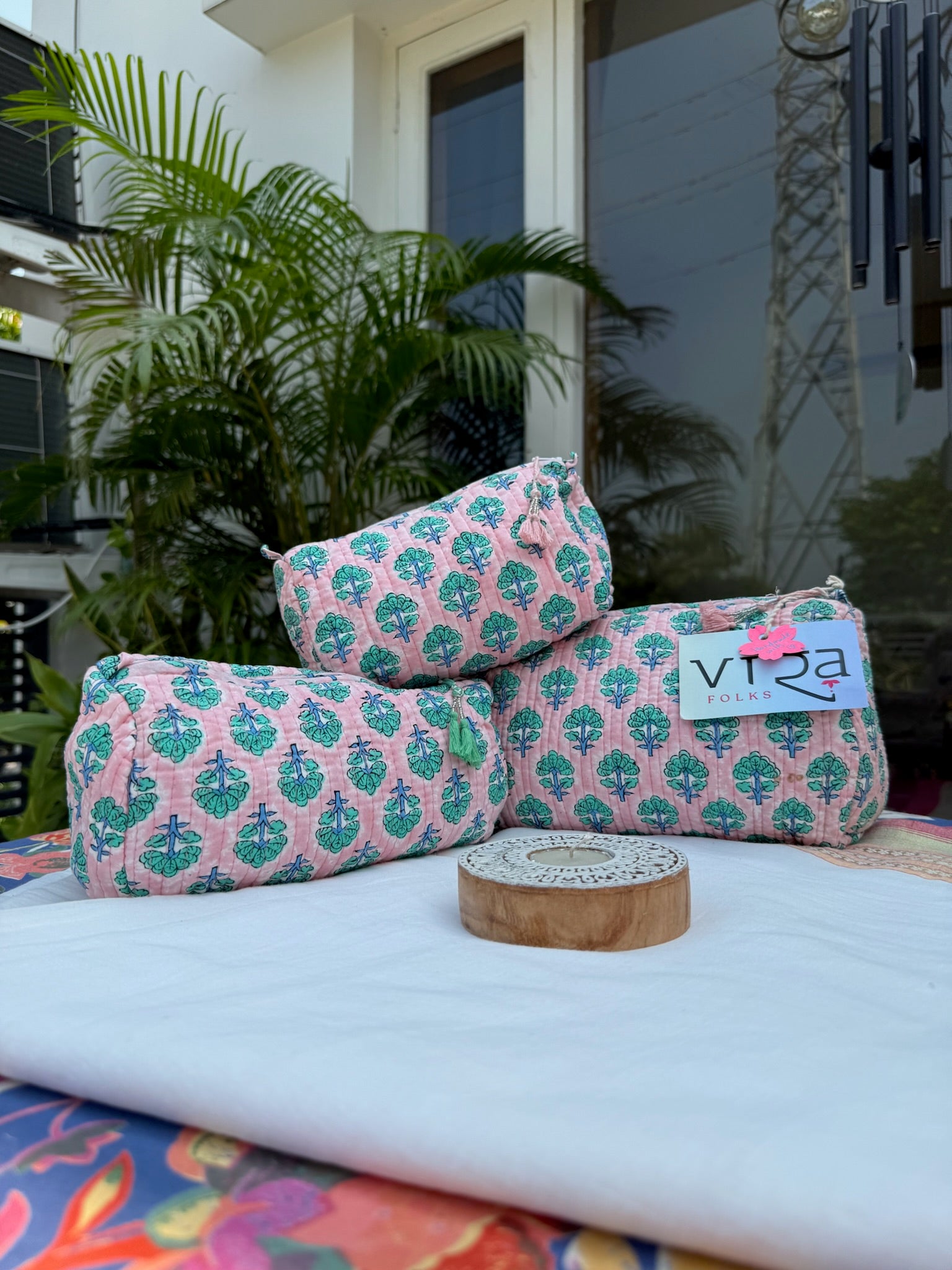 Pink Leaf Print Pouch Set of 3