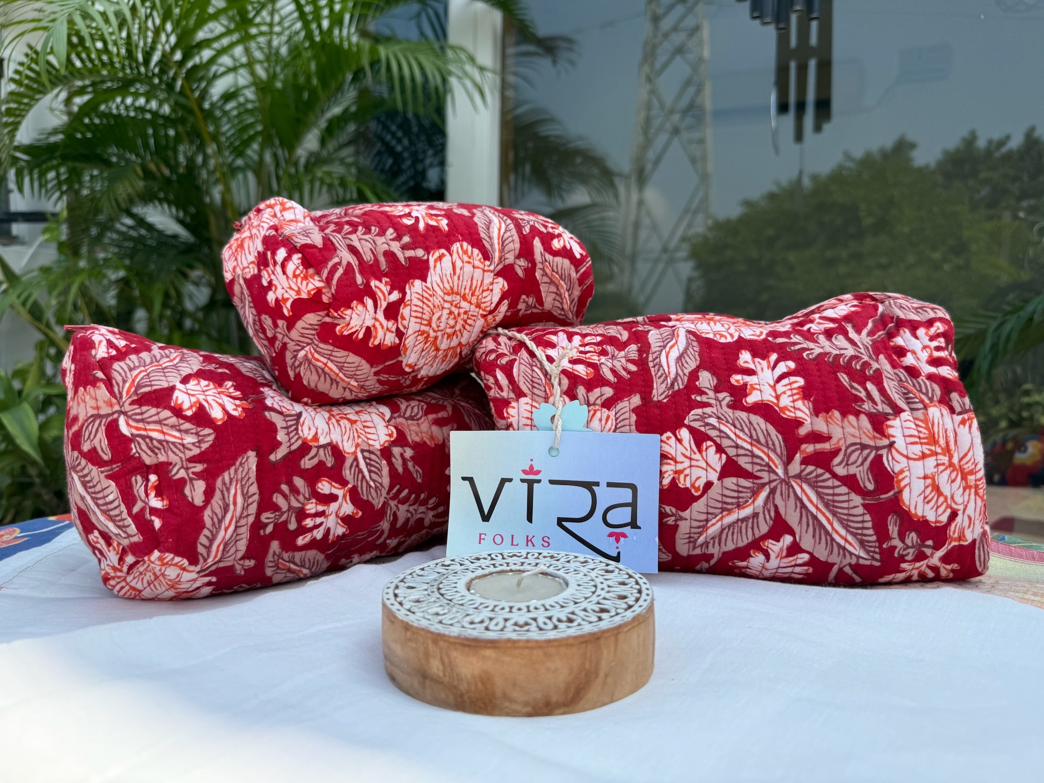 Red Floral Hand Block Printed Pouch Set of 3