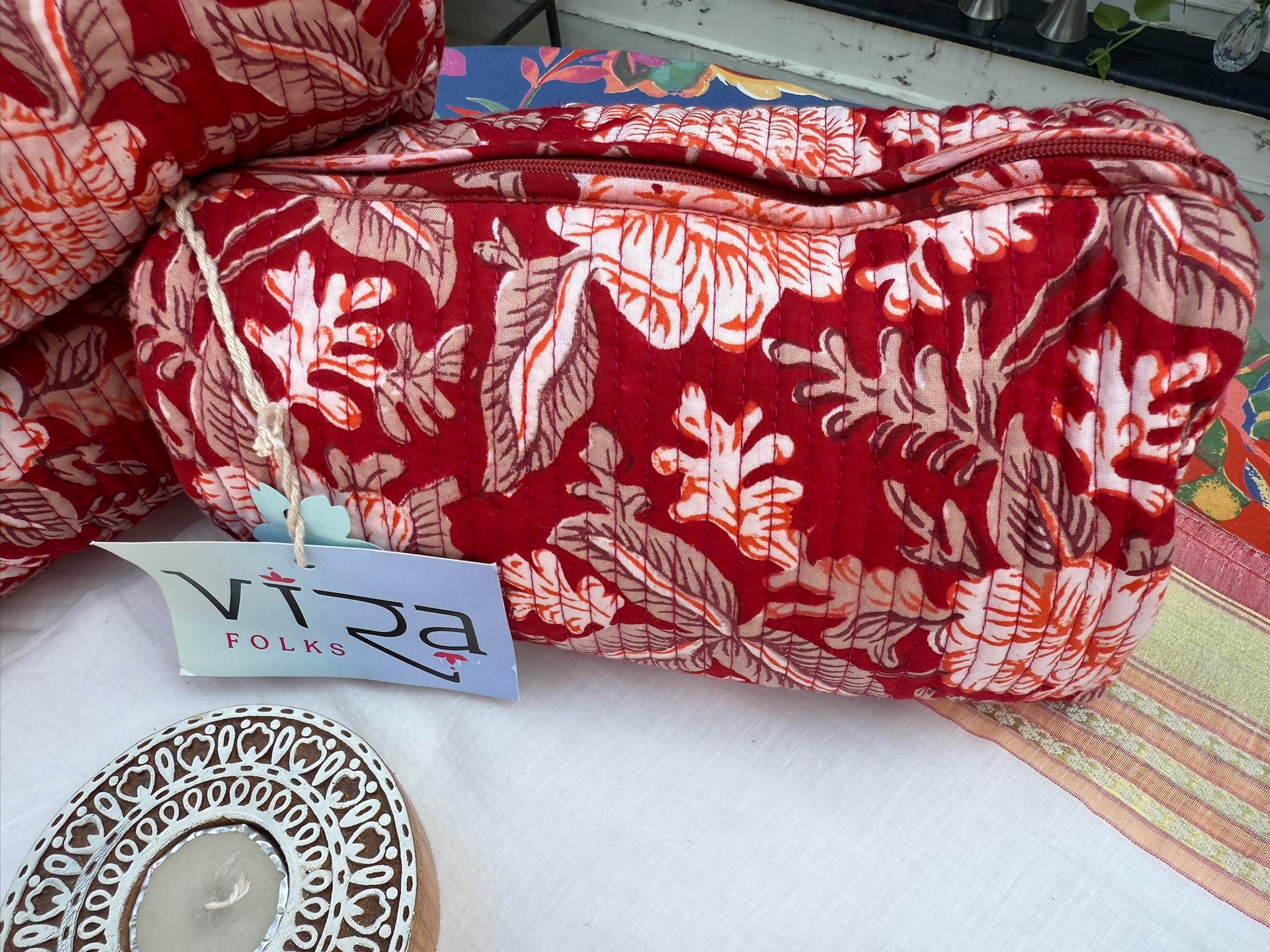 Red Floral Hand Block Printed Pouch Set of 3