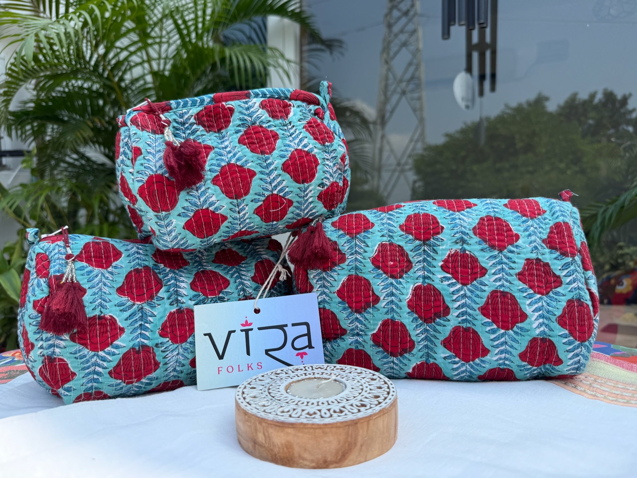 Floral Pouch Set of 3 – Turquoise & Red