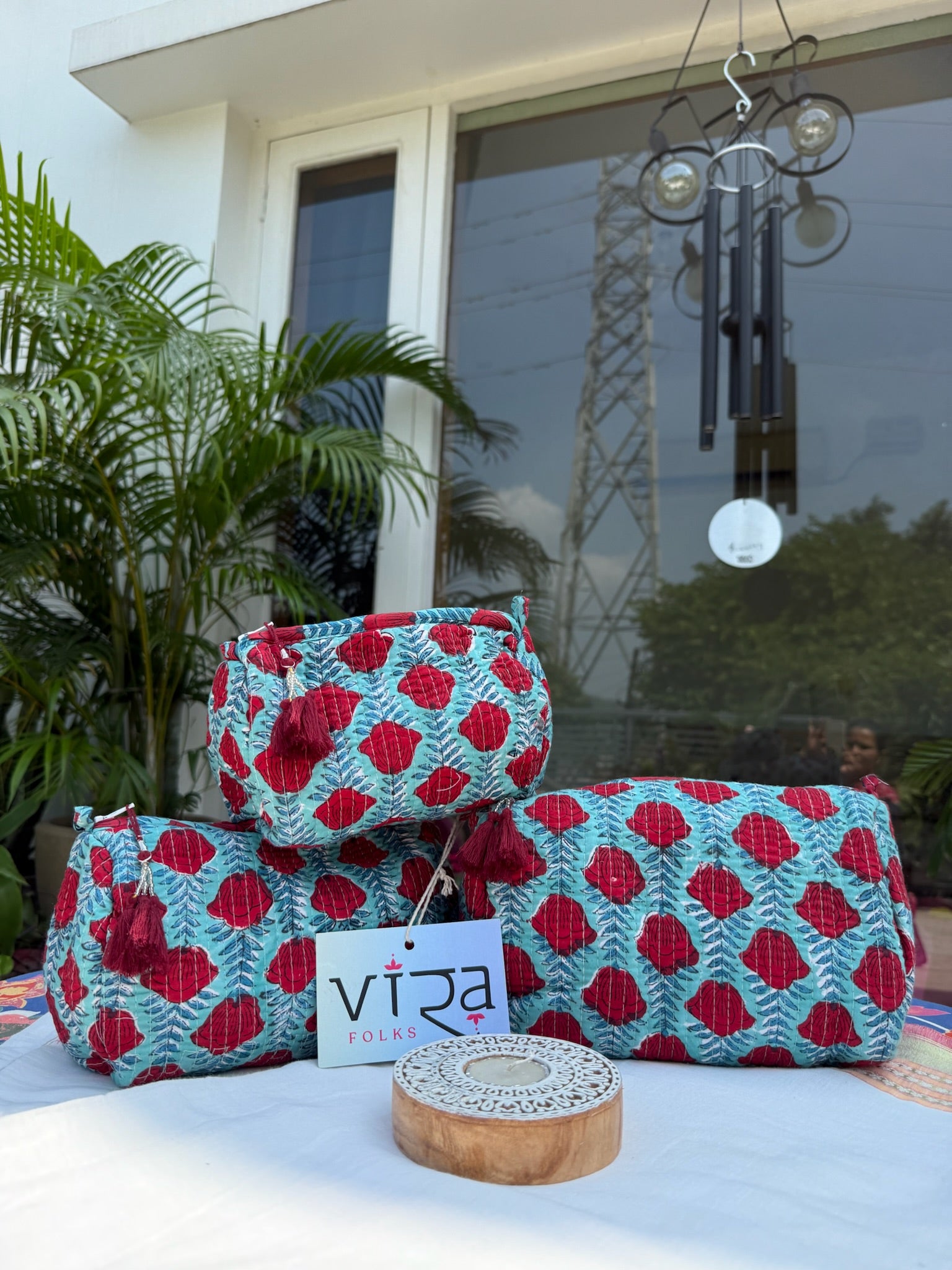 Floral Pouch Set of 3 – Turquoise & Red