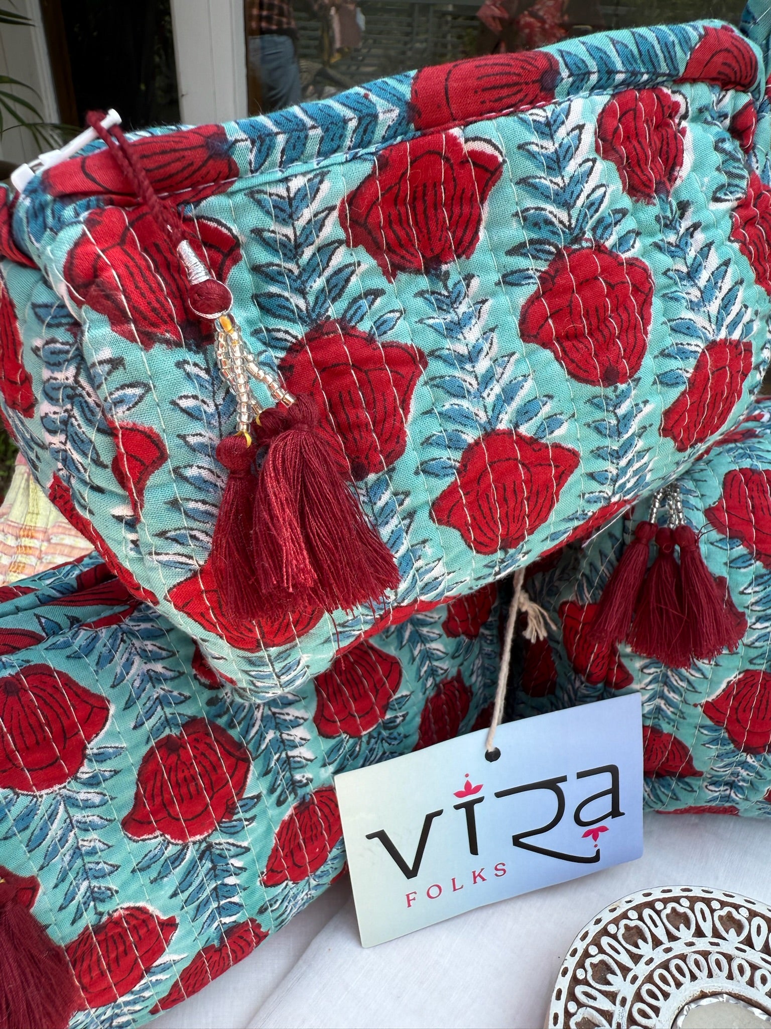 Floral Pouch Set of 3 – Turquoise & Red