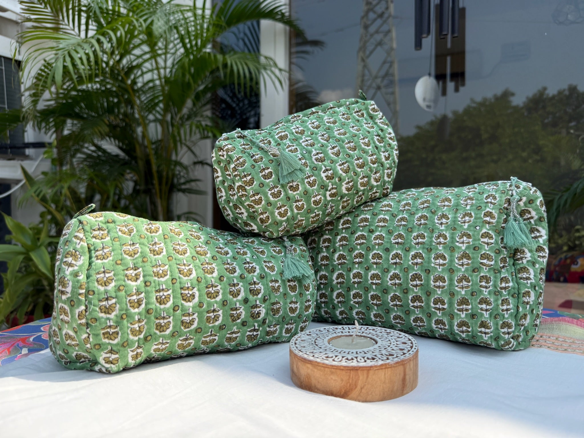 Green Floral Hand Block Printed Pouch Set of 3