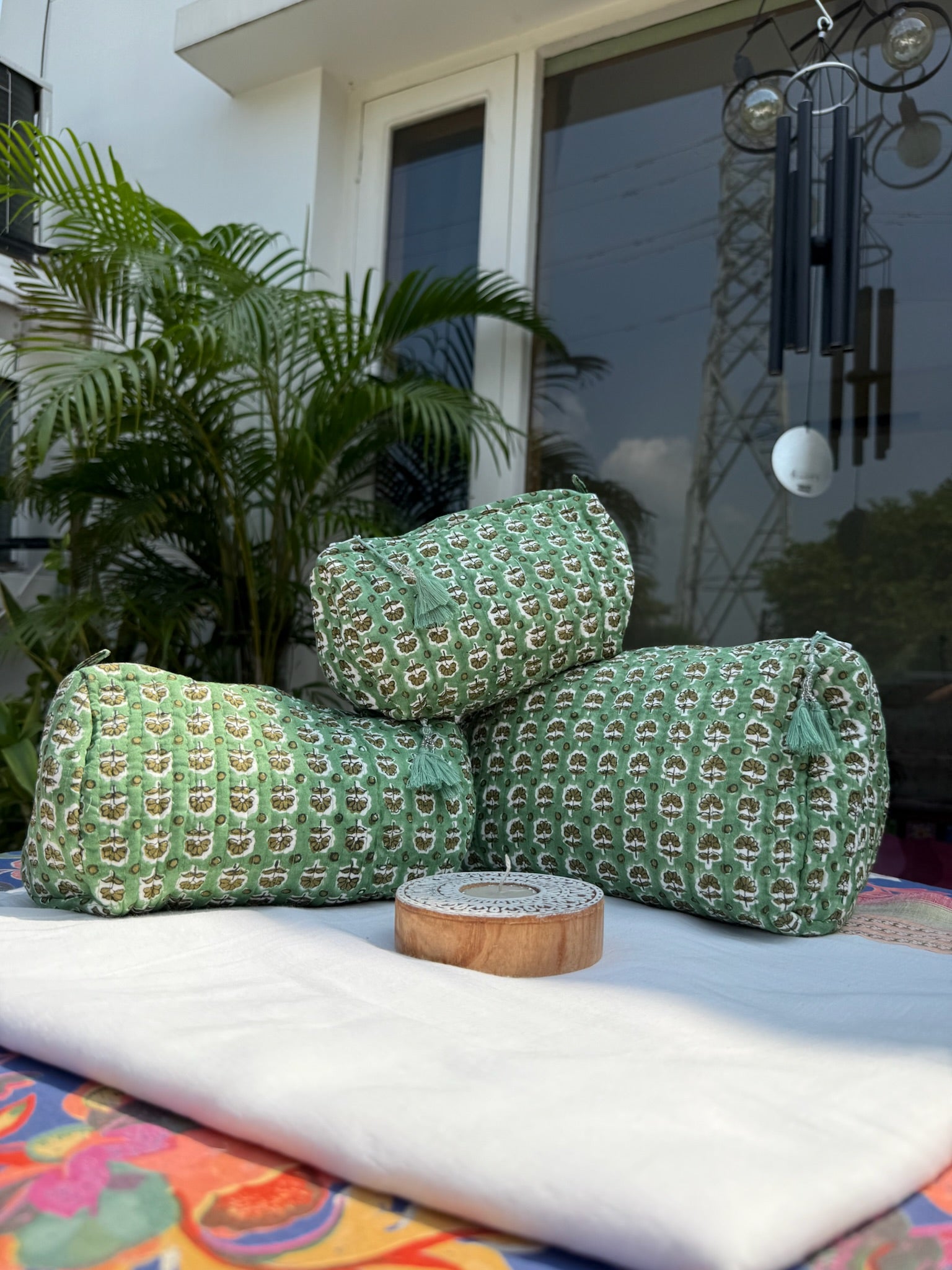 Green Floral Hand Block Printed Pouch Set of 3