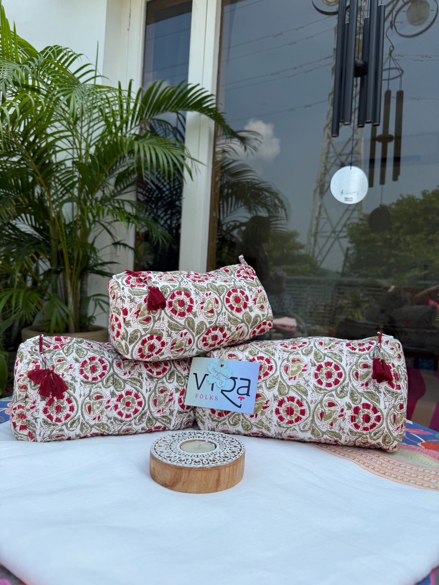 Red and Green Floral Hand Block Printed Pouch Set of 3