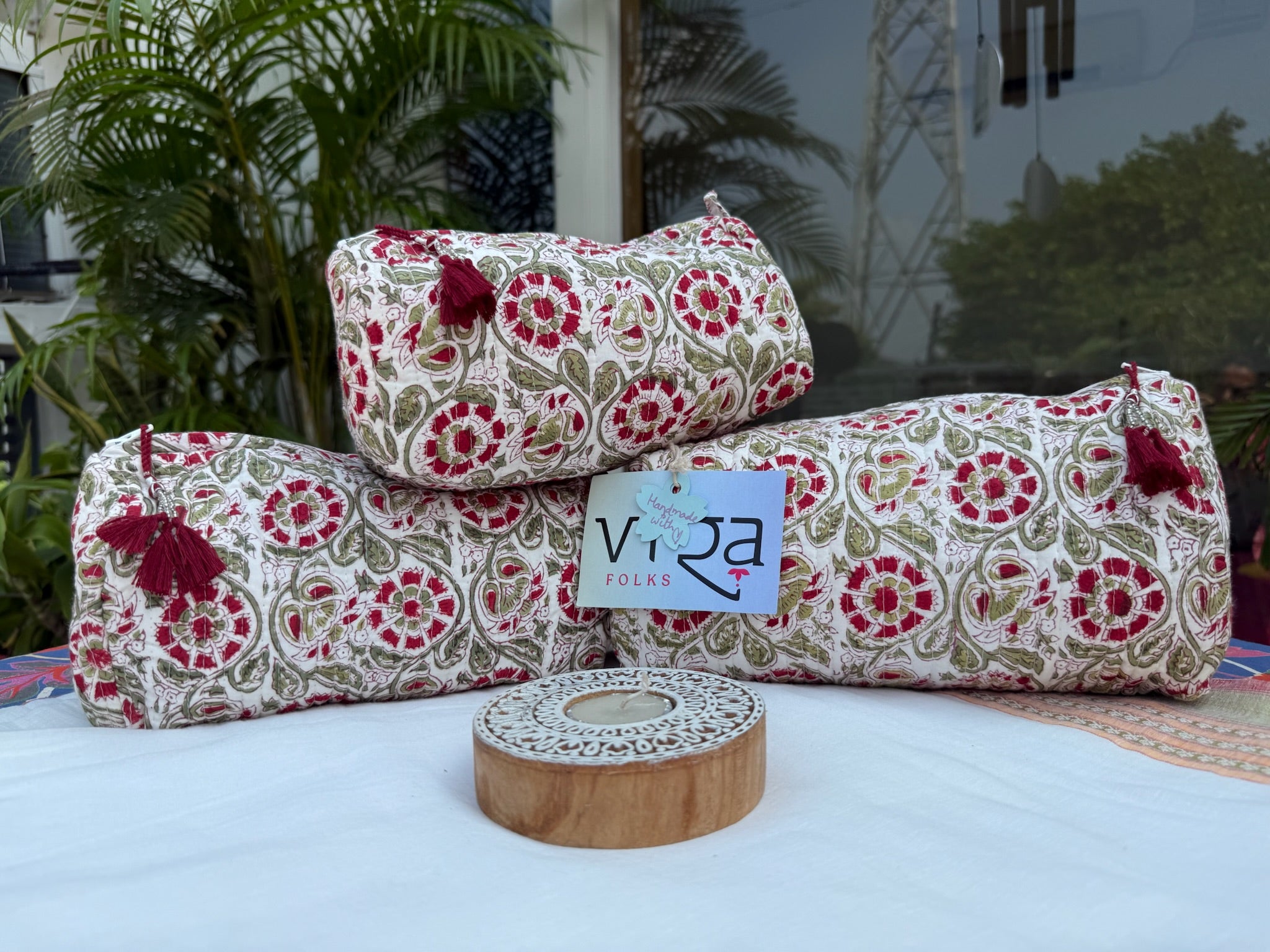 Red and Green Floral Hand Block Printed Pouch Set of 3