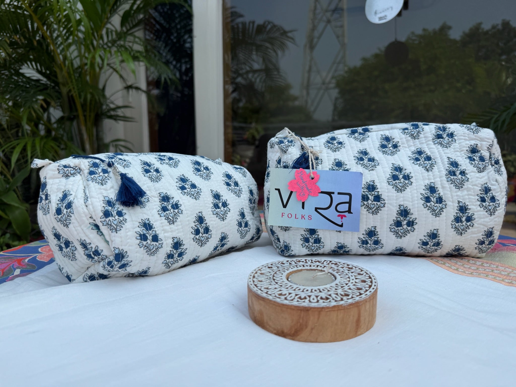 Blue Floral Hand Block Printed Pouch Set of 2