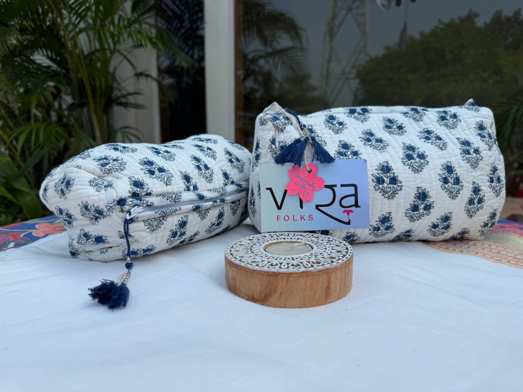 Blue Floral Hand Block Printed Pouch Set of 2