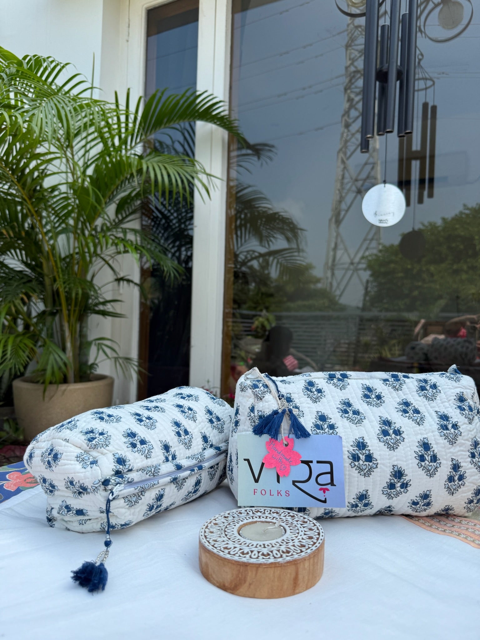 Blue Floral Hand Block Printed Pouch Set of 2