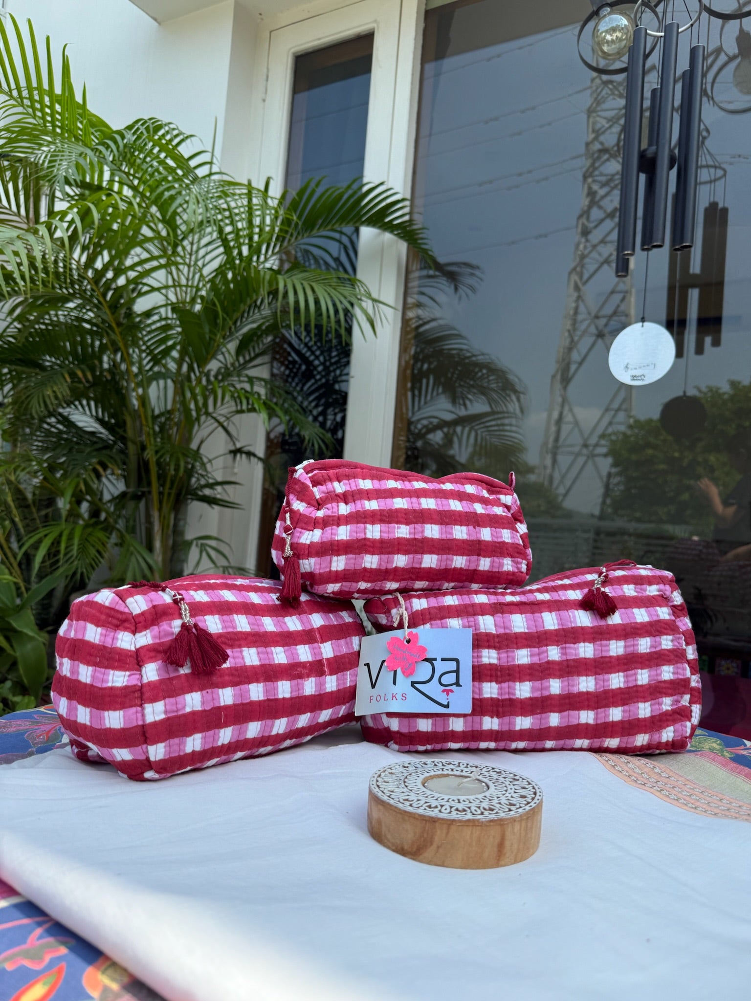 Red and White Checkered Handcrafted Pouch Set of 3