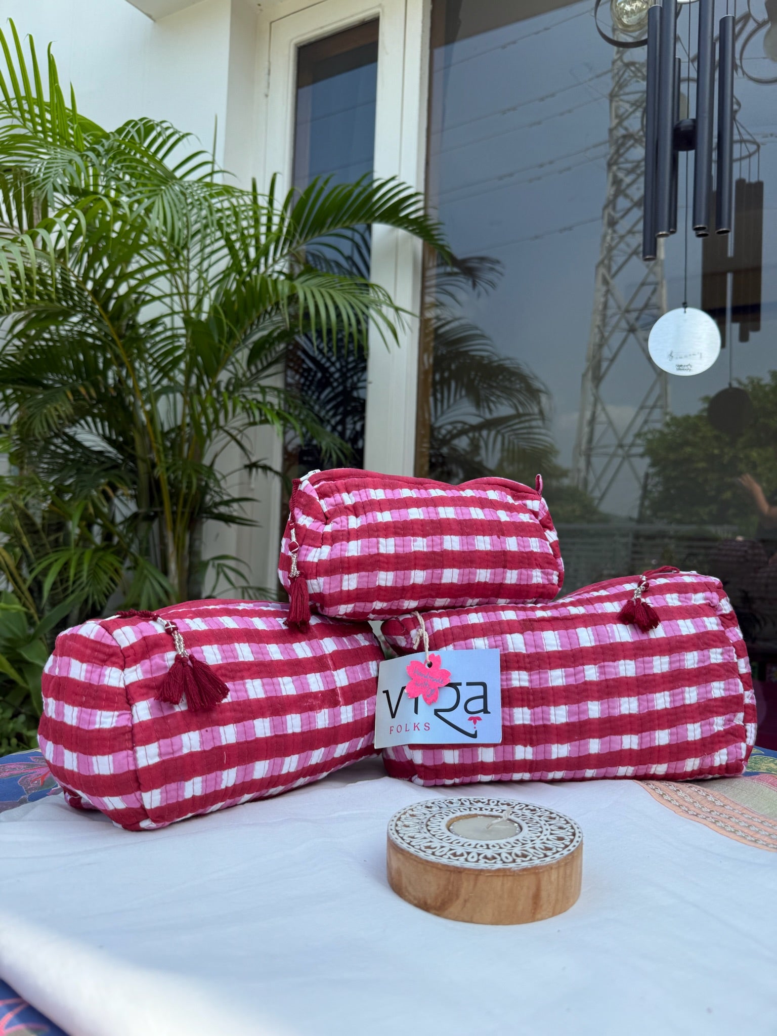 Red and White Checkered Handcrafted Pouch Set of 3