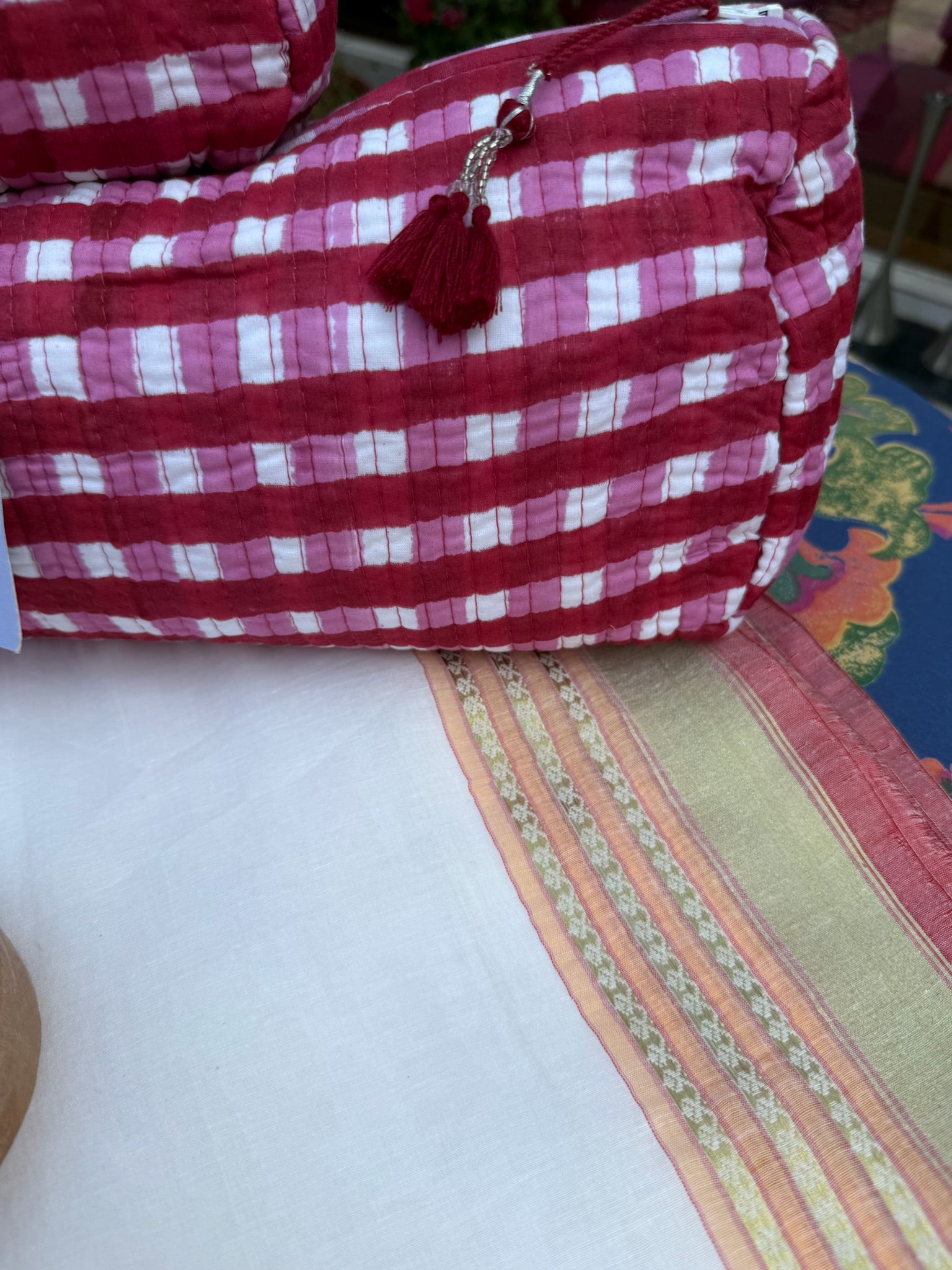 Red and White Checkered Handcrafted Pouch Set of 3