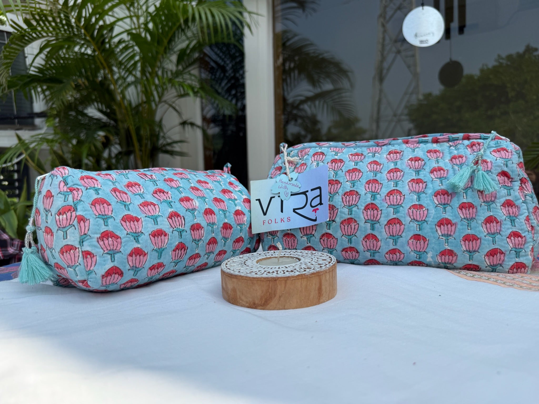 Blue and Pink Hand Block Printed Pouch Set of 2