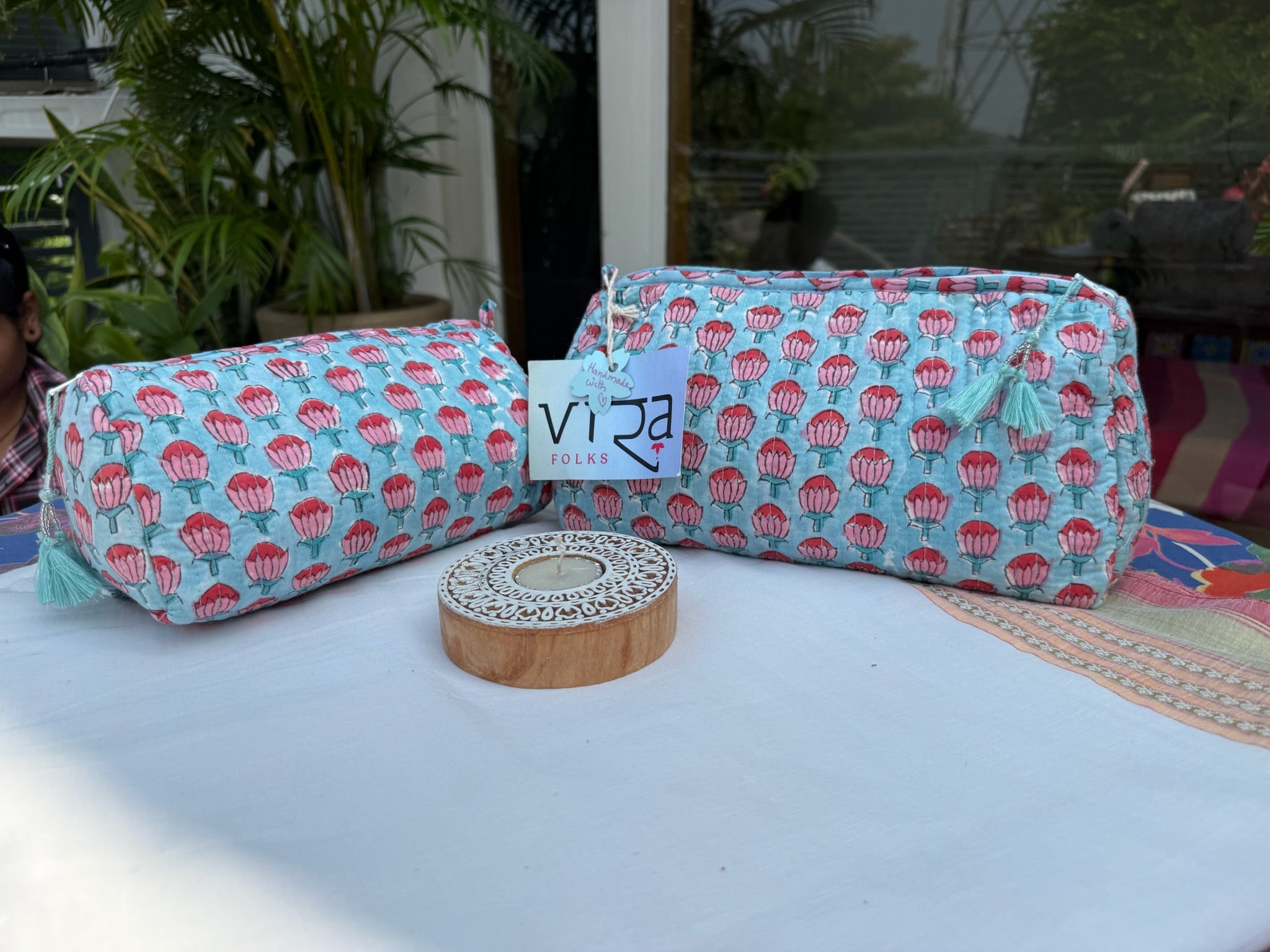 Blue and Pink Hand Block Printed Pouch Set of 2