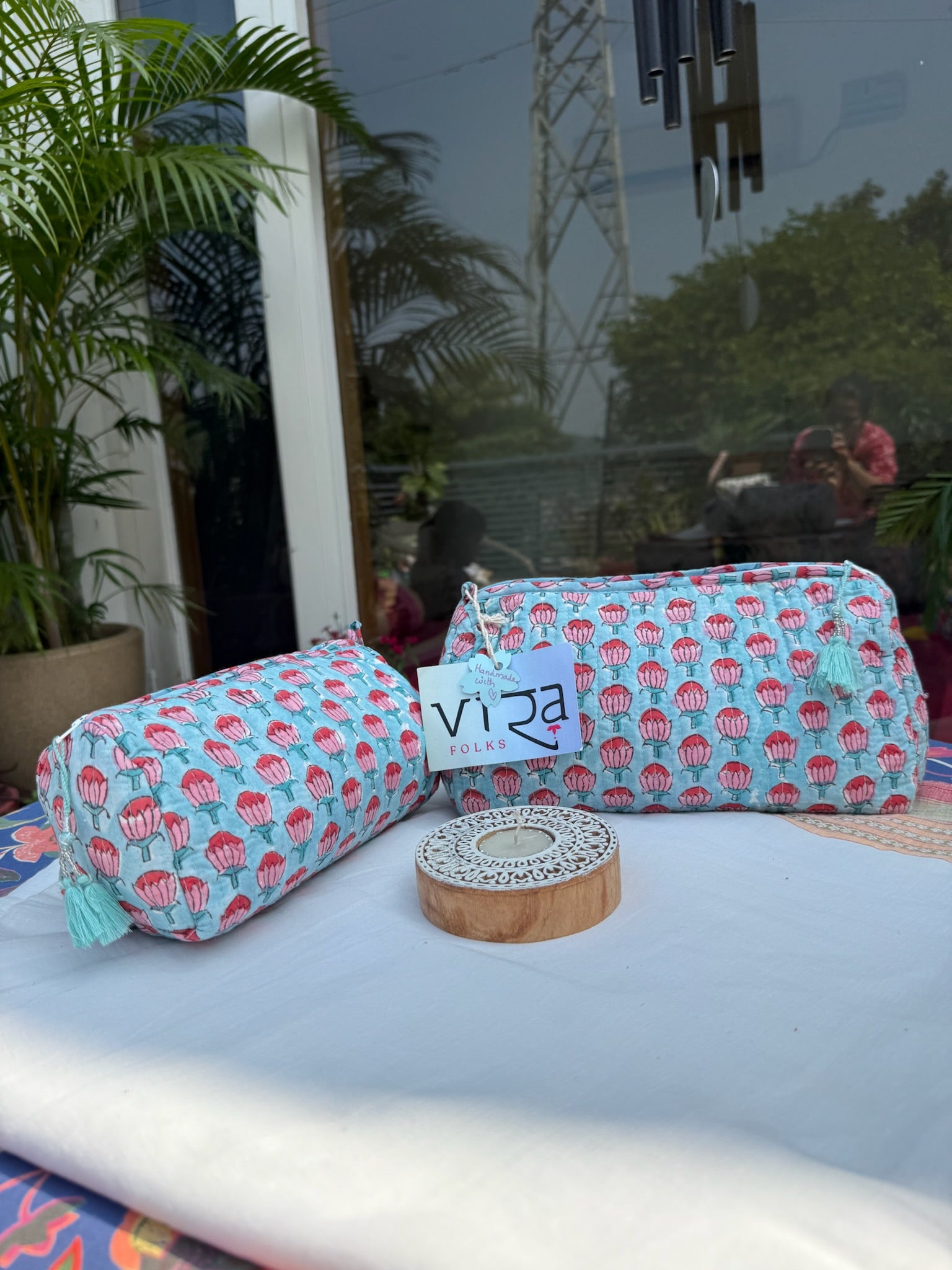 Blue and Pink Hand Block Printed Pouch Set of 2