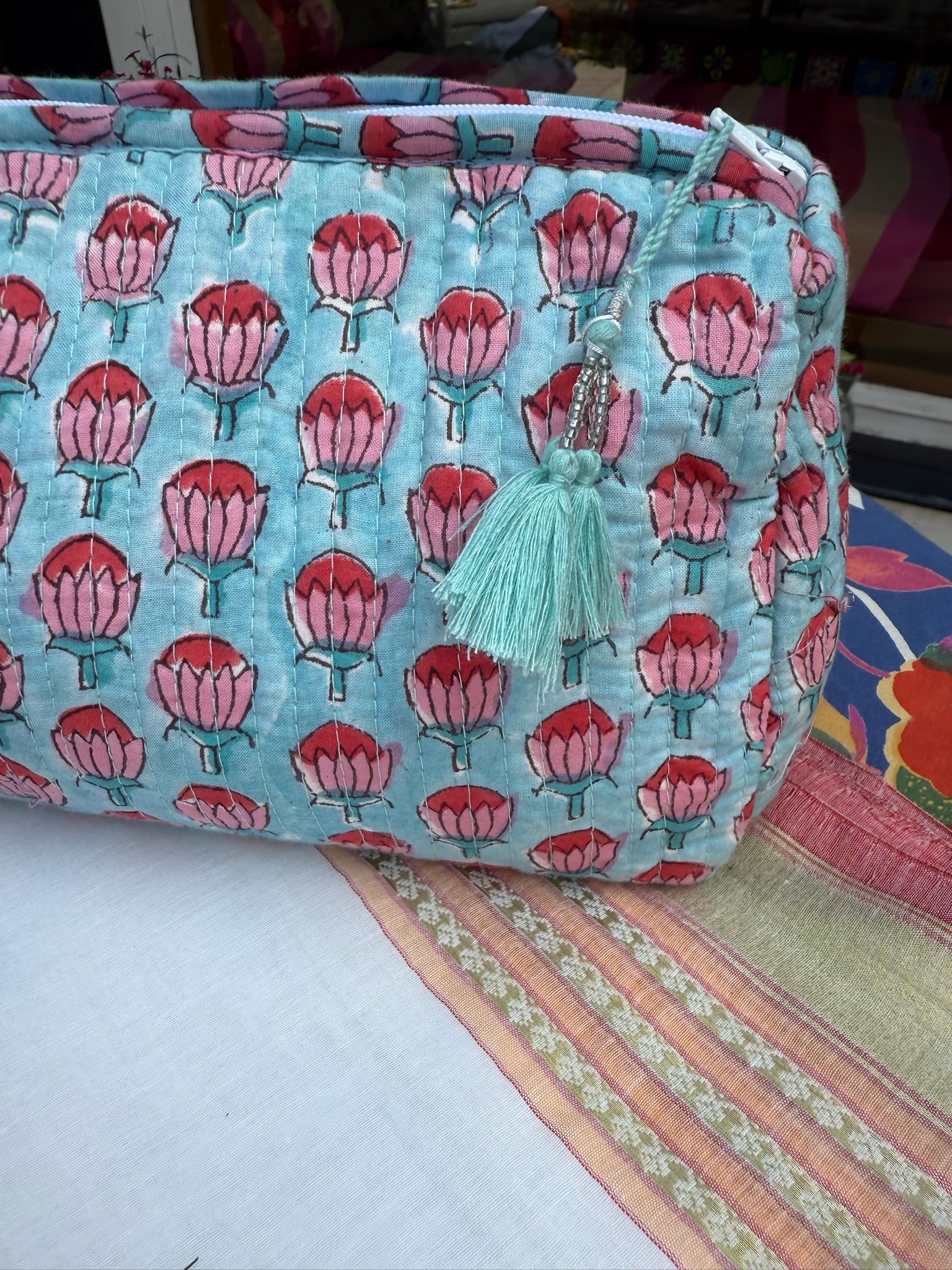 Blue and Pink Hand Block Printed Pouch Set of 2