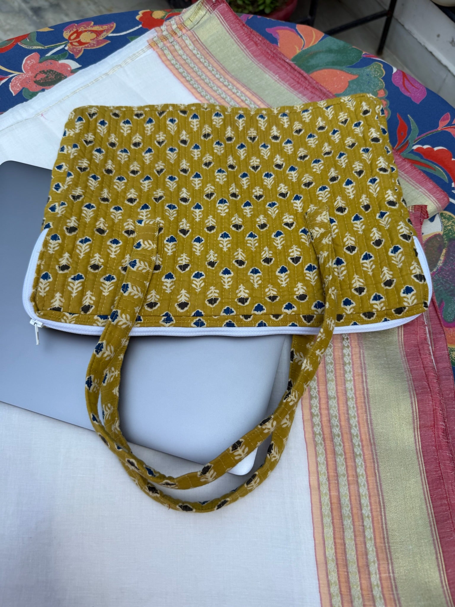 Yellow Floral Block Print Handbag with Zipper