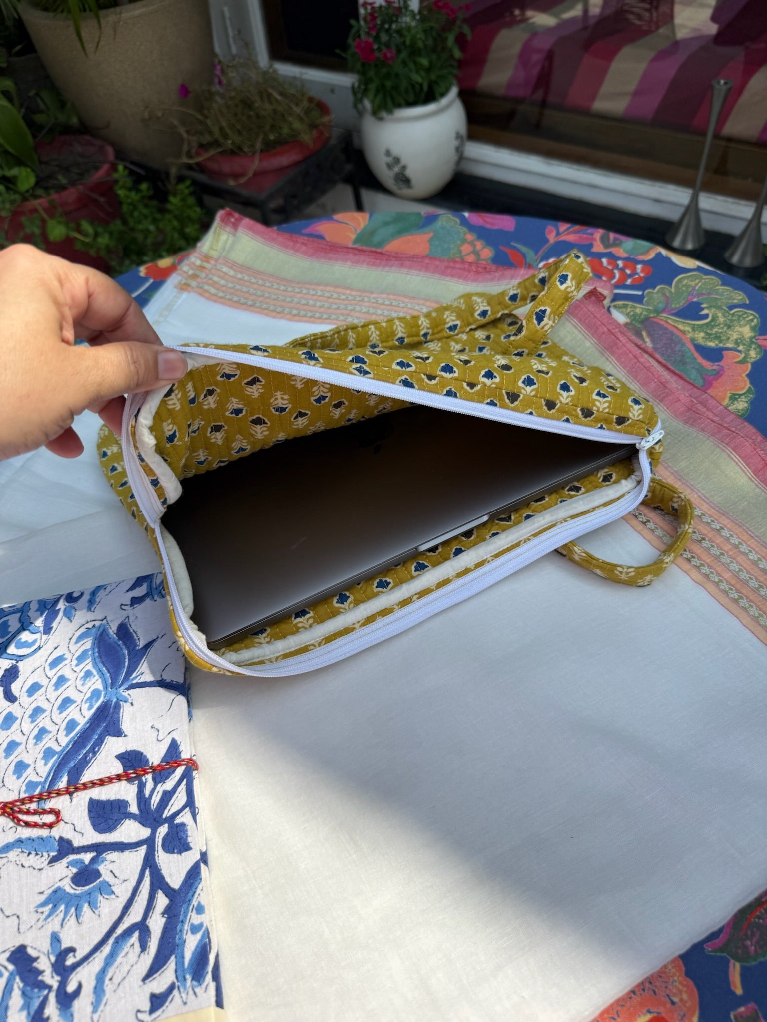 Yellow Floral Block Print Handbag with Zipper