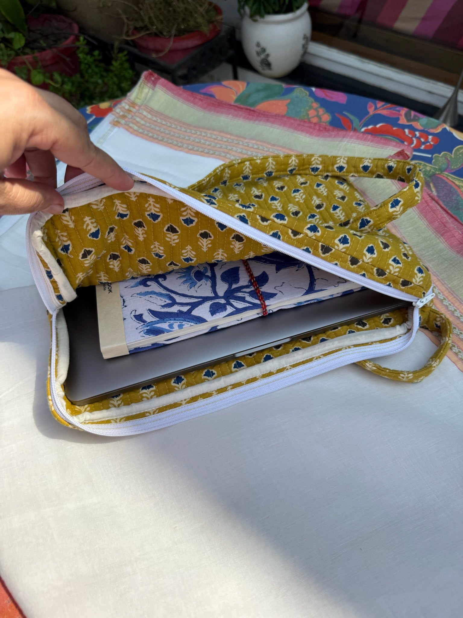Yellow Floral Block Print Handbag with Zipper