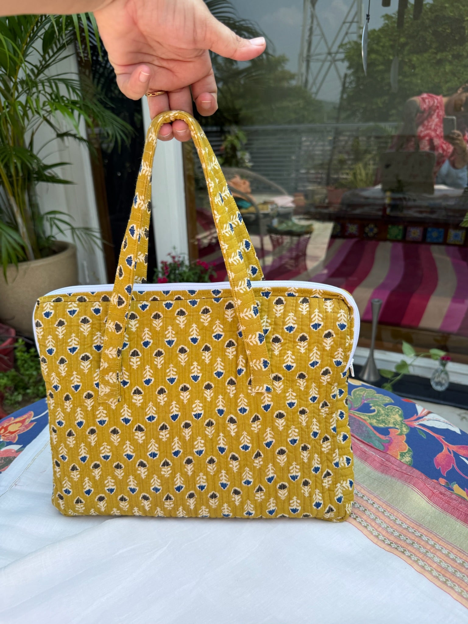 Yellow Floral Block Print Handbag with Zipper