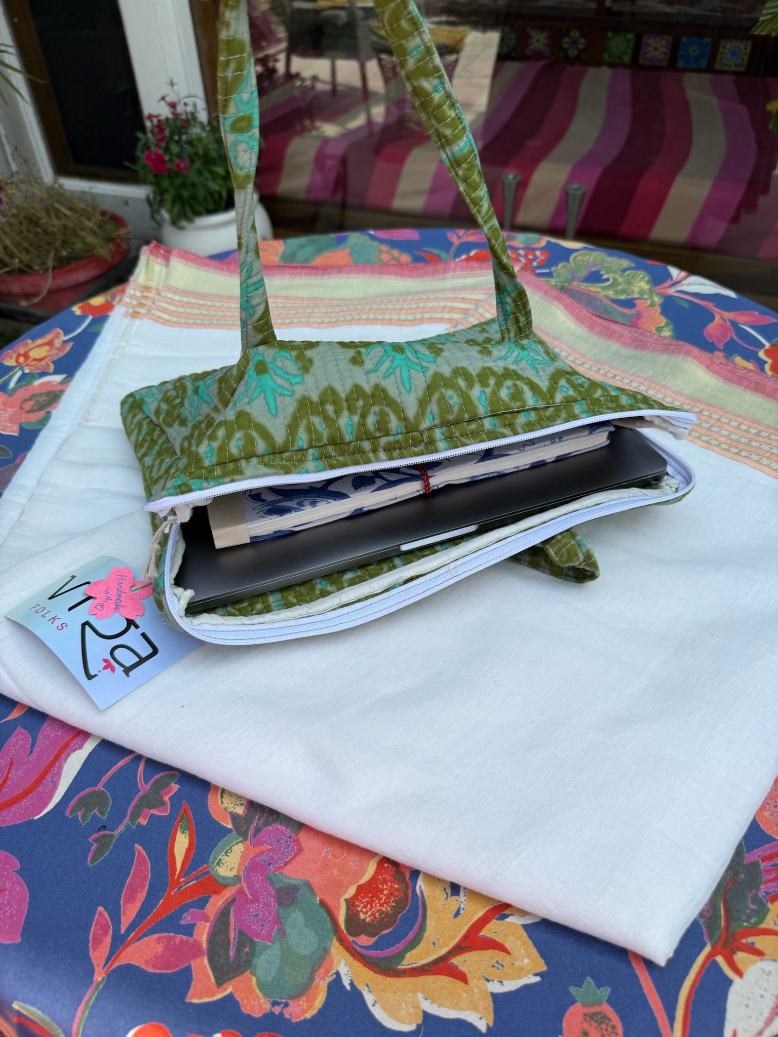 Handcrafted Block Print Tote Bag – Green Floral Pattern