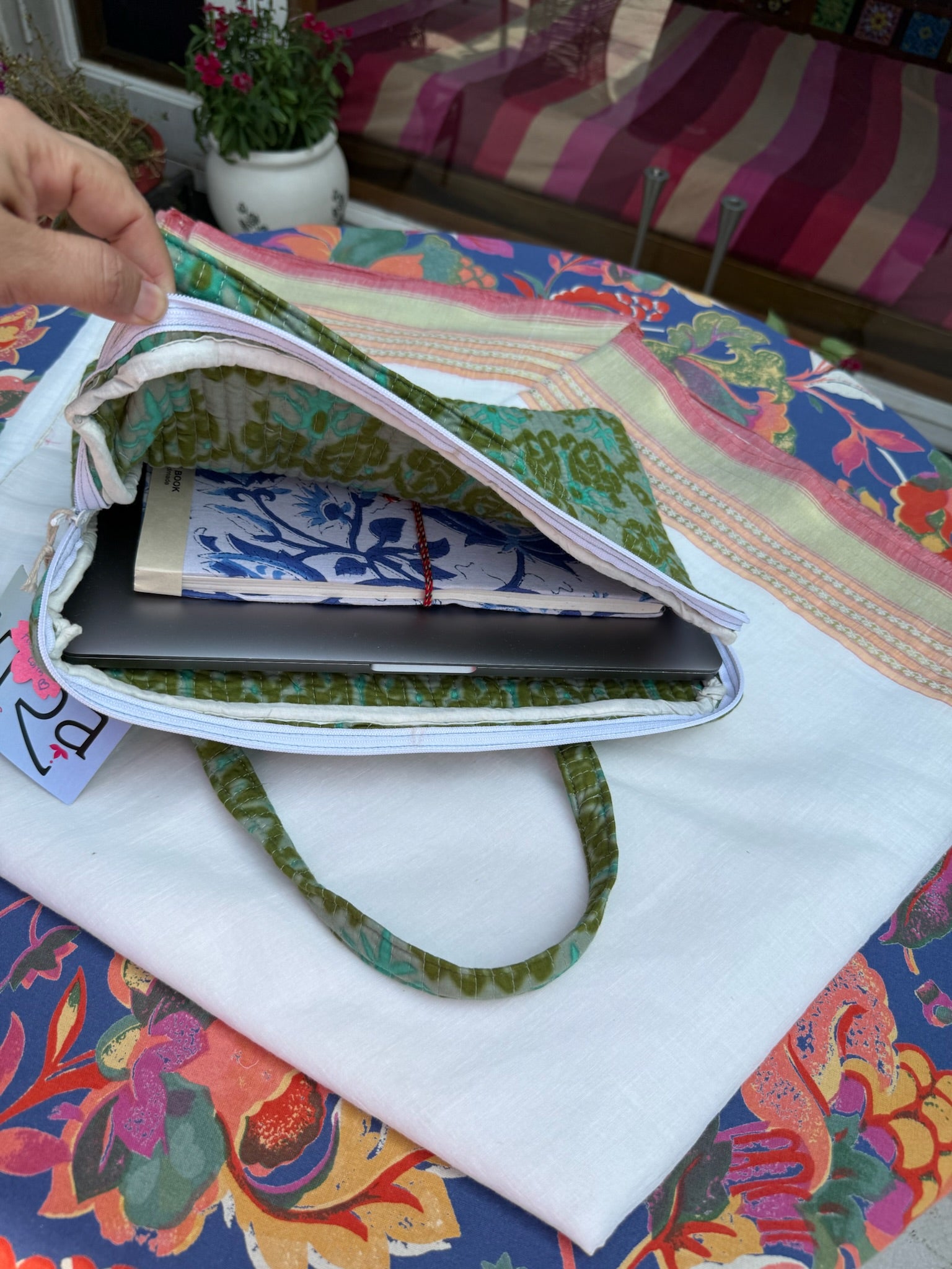 Handcrafted Block Print Tote Bag – Green Floral Pattern