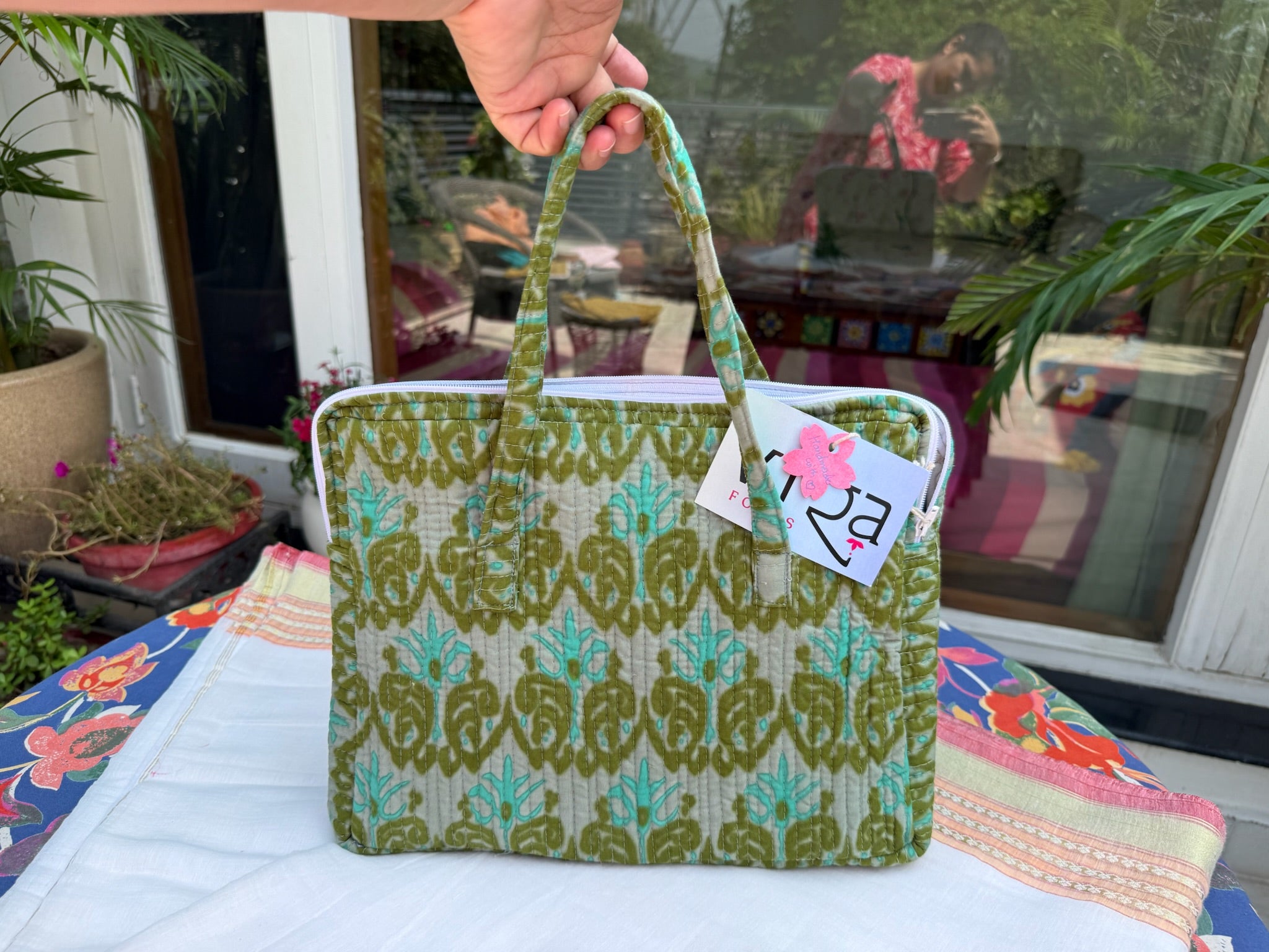 Handcrafted Block Print Tote Bag – Green Floral Pattern