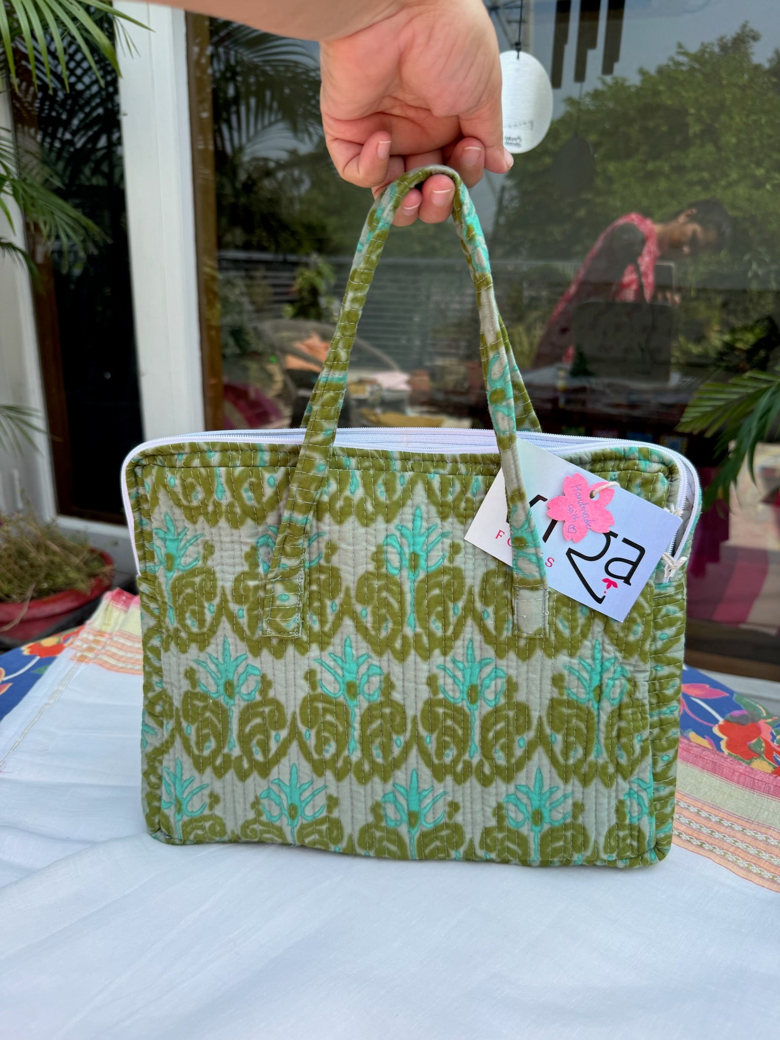 Handcrafted Block Print Tote Bag – Green Floral Pattern