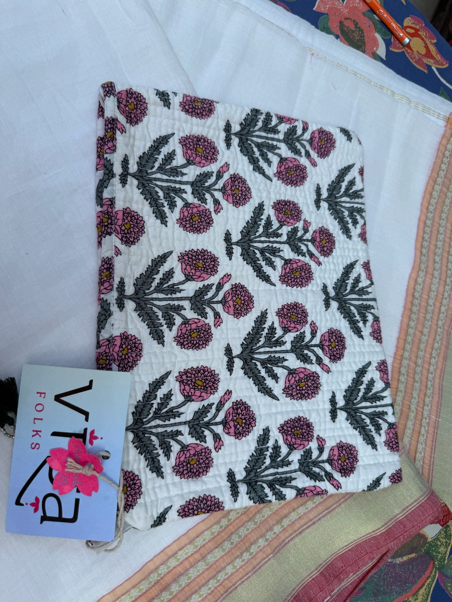 Pink Floral Hand Block Printed Cotton Pouch