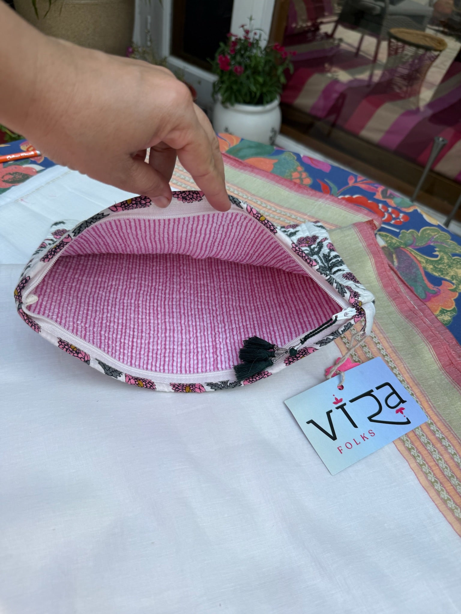 Pink Floral Hand Block Printed Cotton Pouch