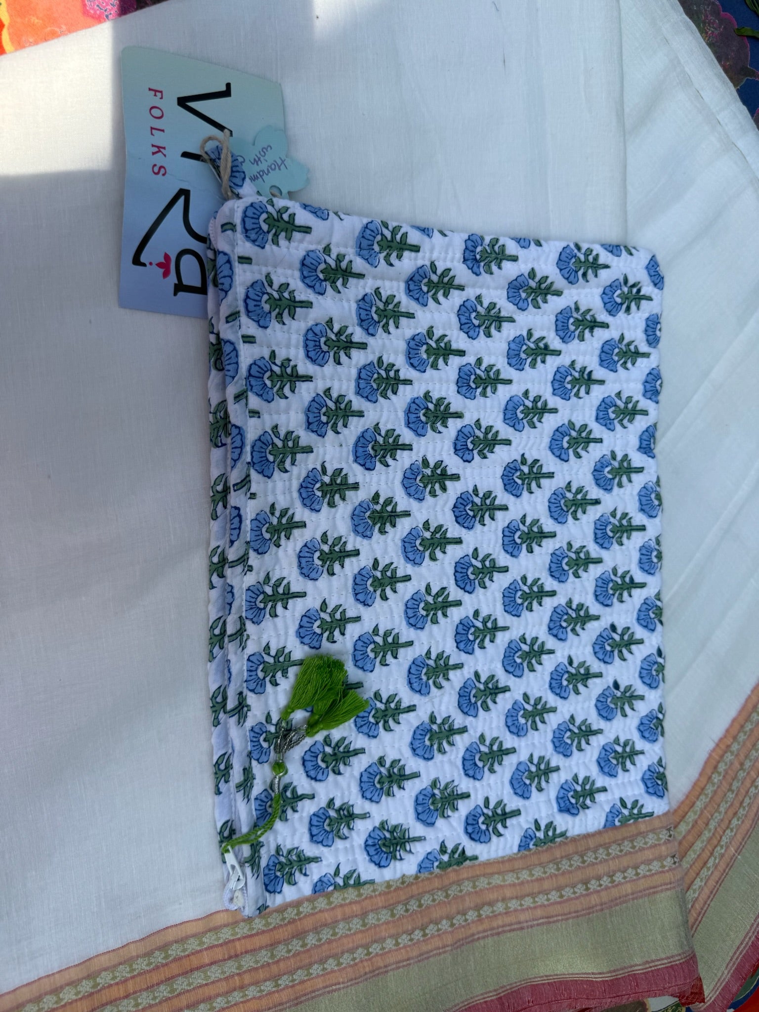 Blue Floral Hand Block Printed Cotton Pouch