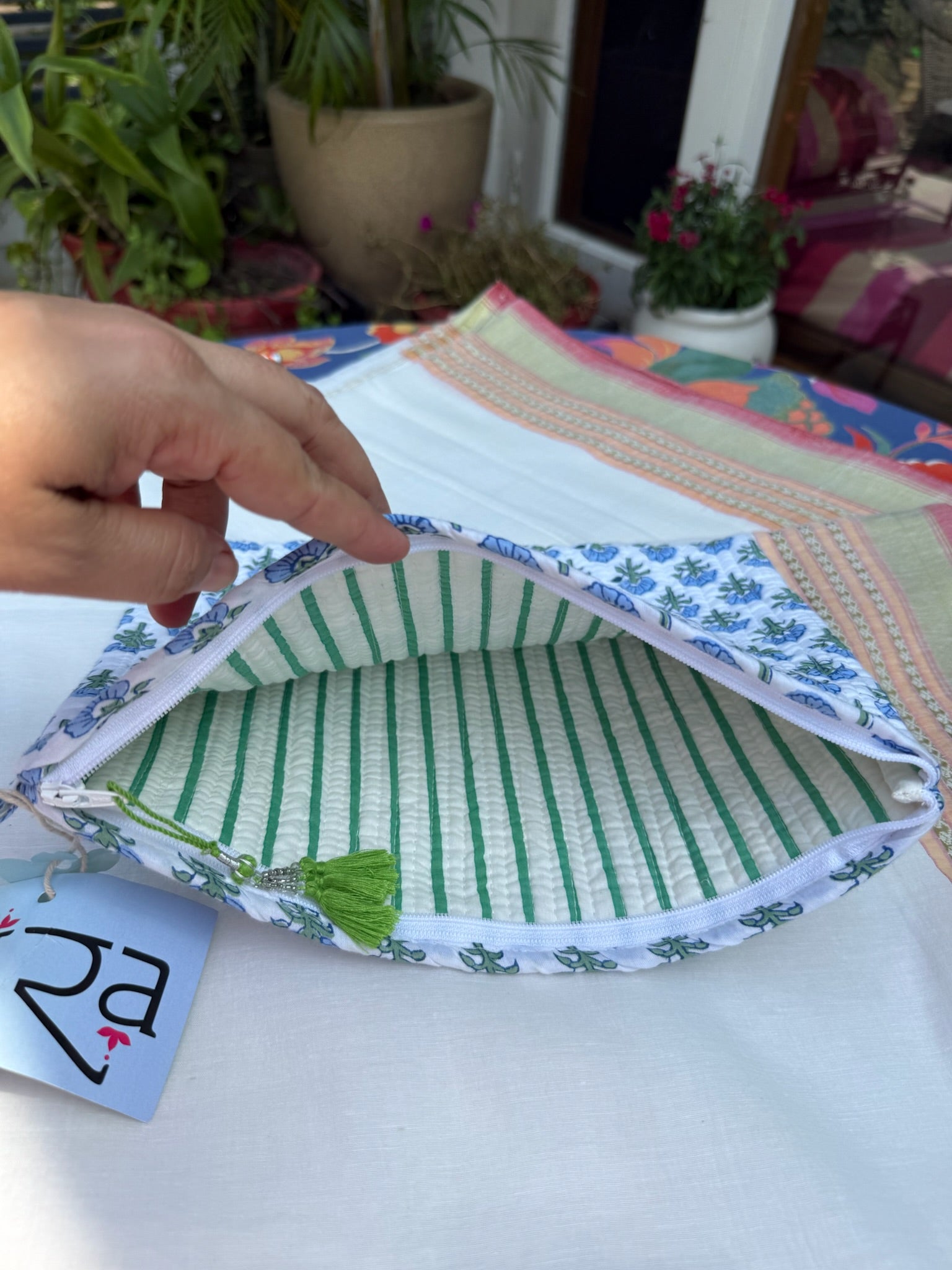Blue Floral Hand Block Printed Cotton Pouch