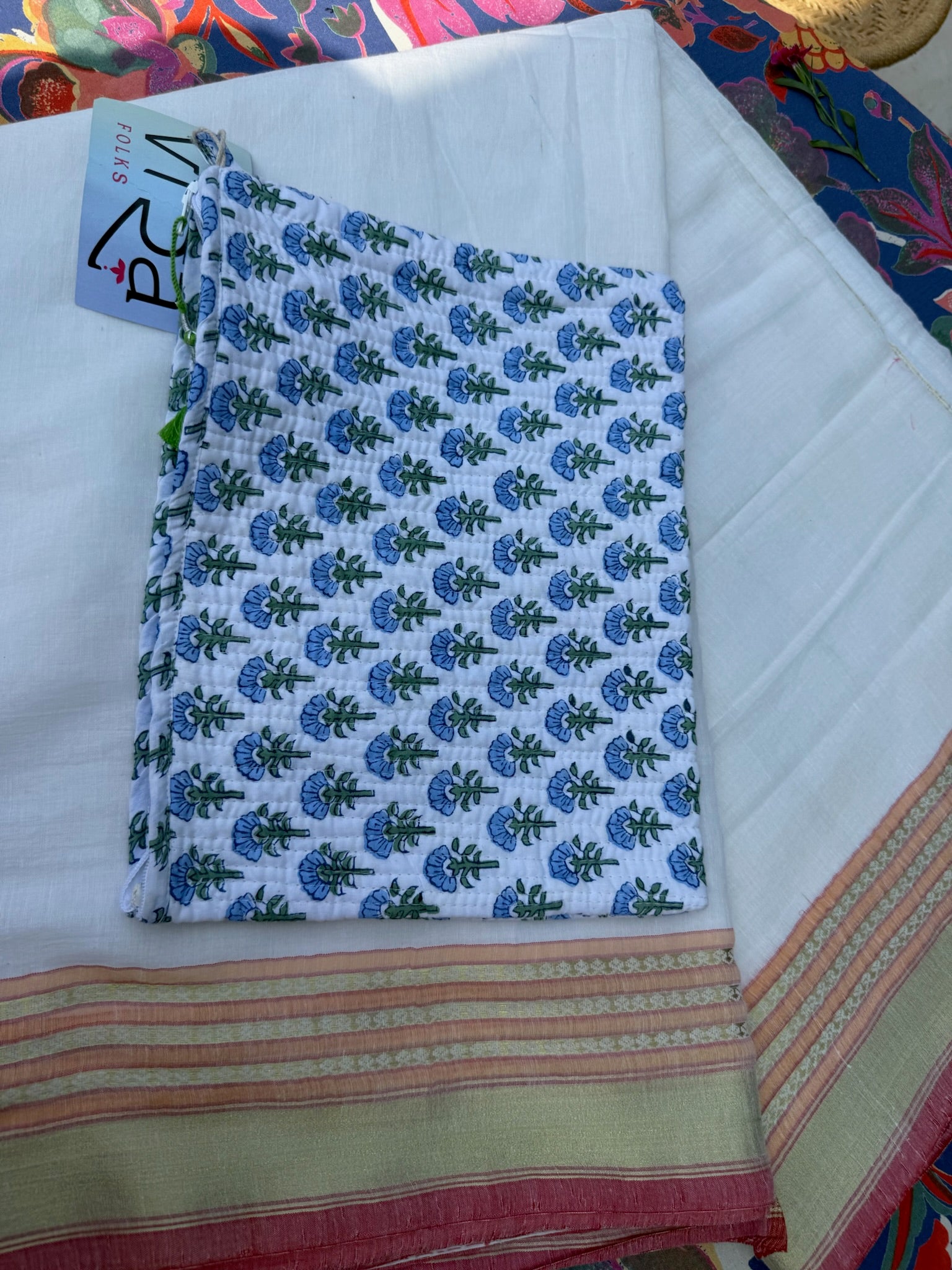 Blue Floral Hand Block Printed Cotton Pouch
