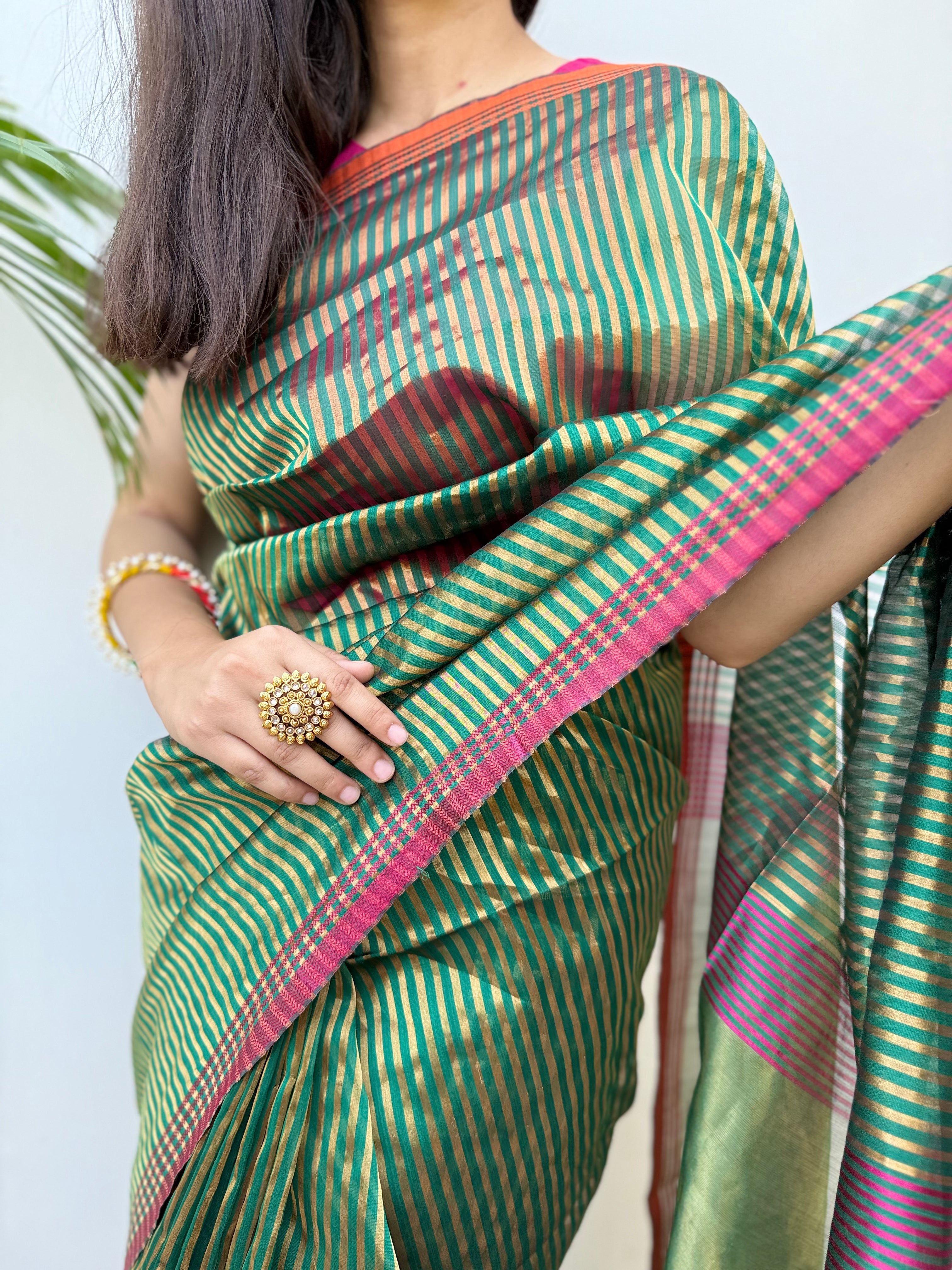 Green Maheshwari Silk Saree with Zari Stripe and Tissue Palla
