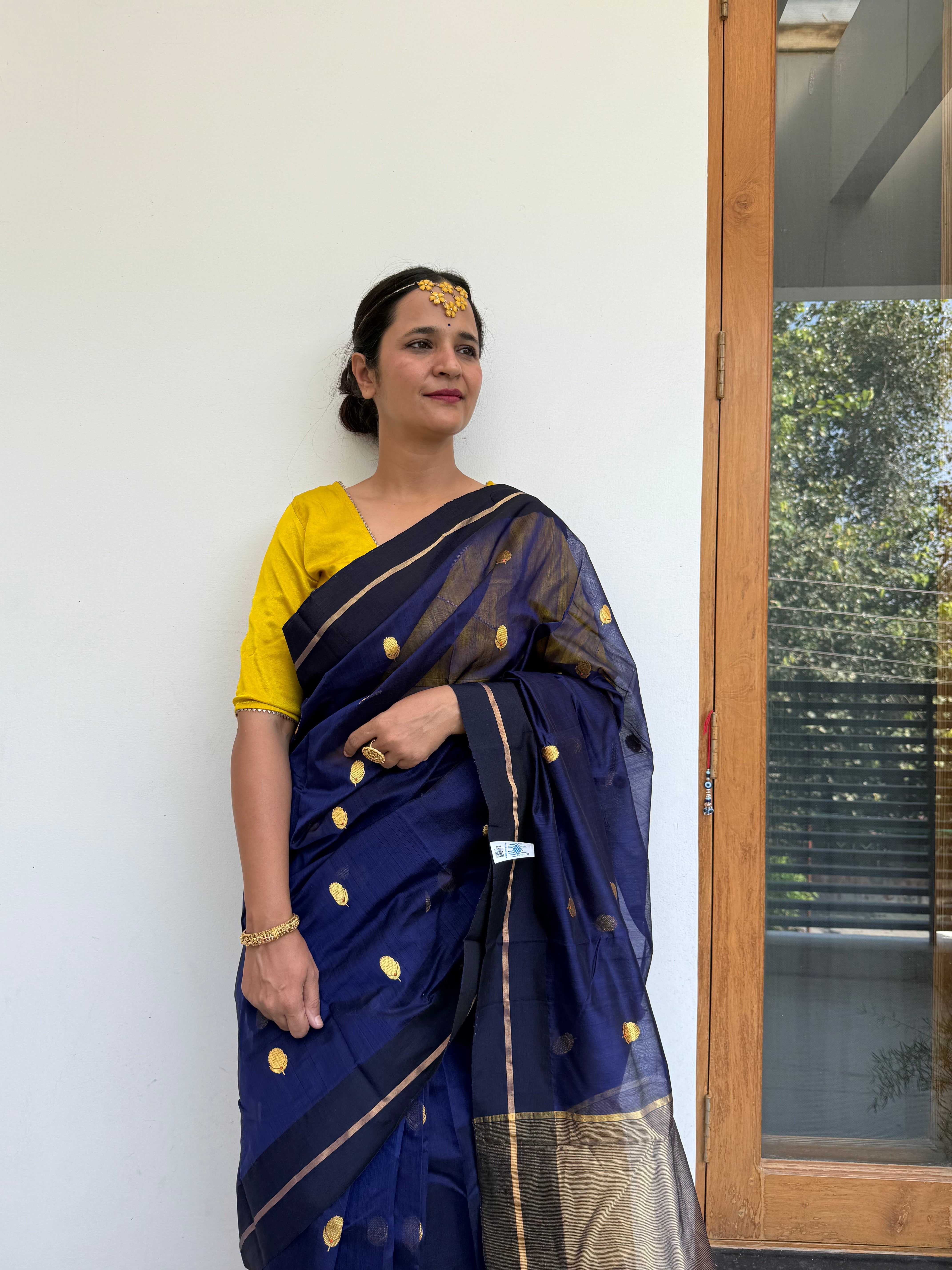 Royal Blue Pure Chanderi Silk Saree with Handwoven Golden Zari Buti