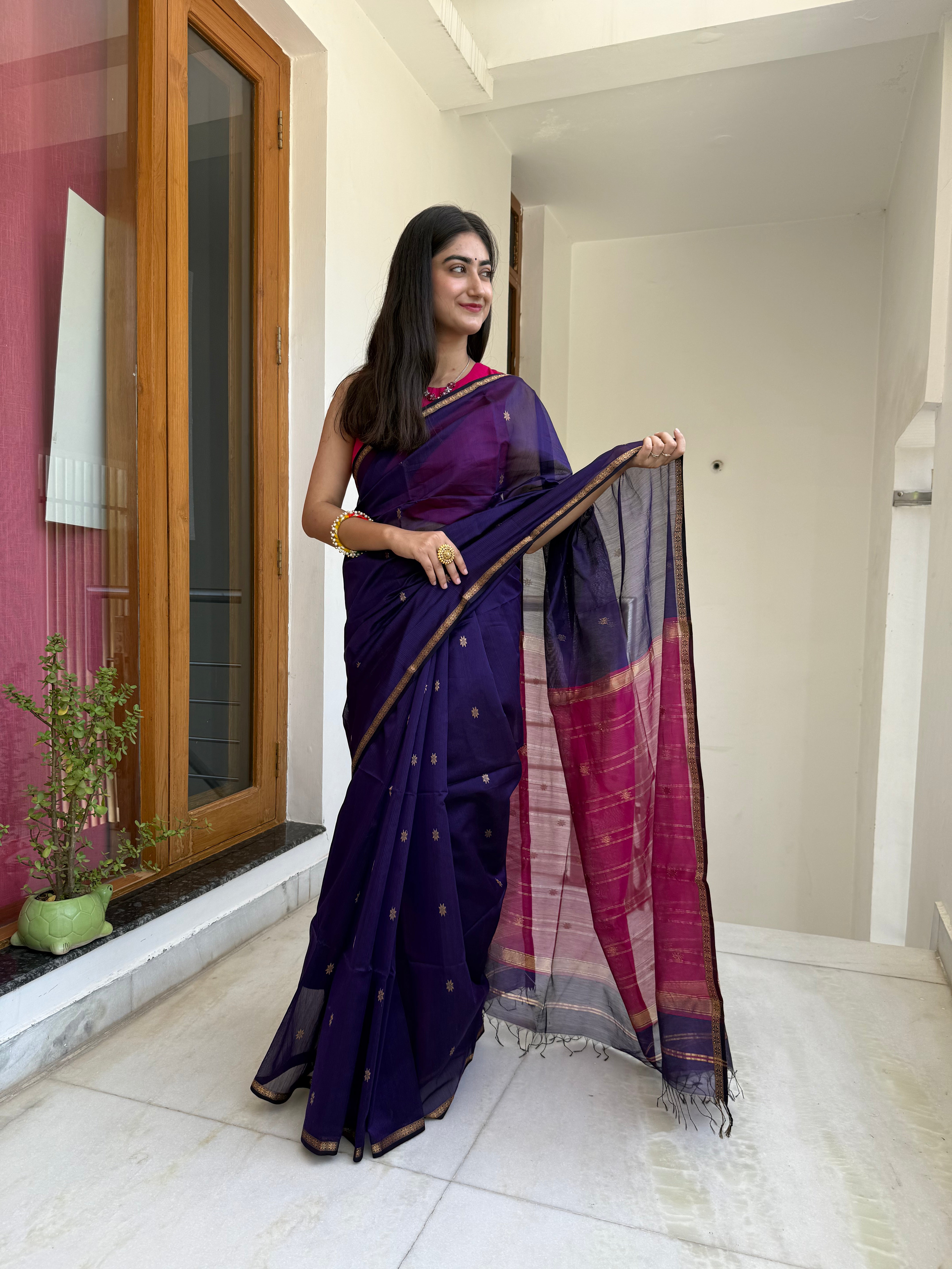 Purple Magenta Maheshwari Cotton Silk Saree
