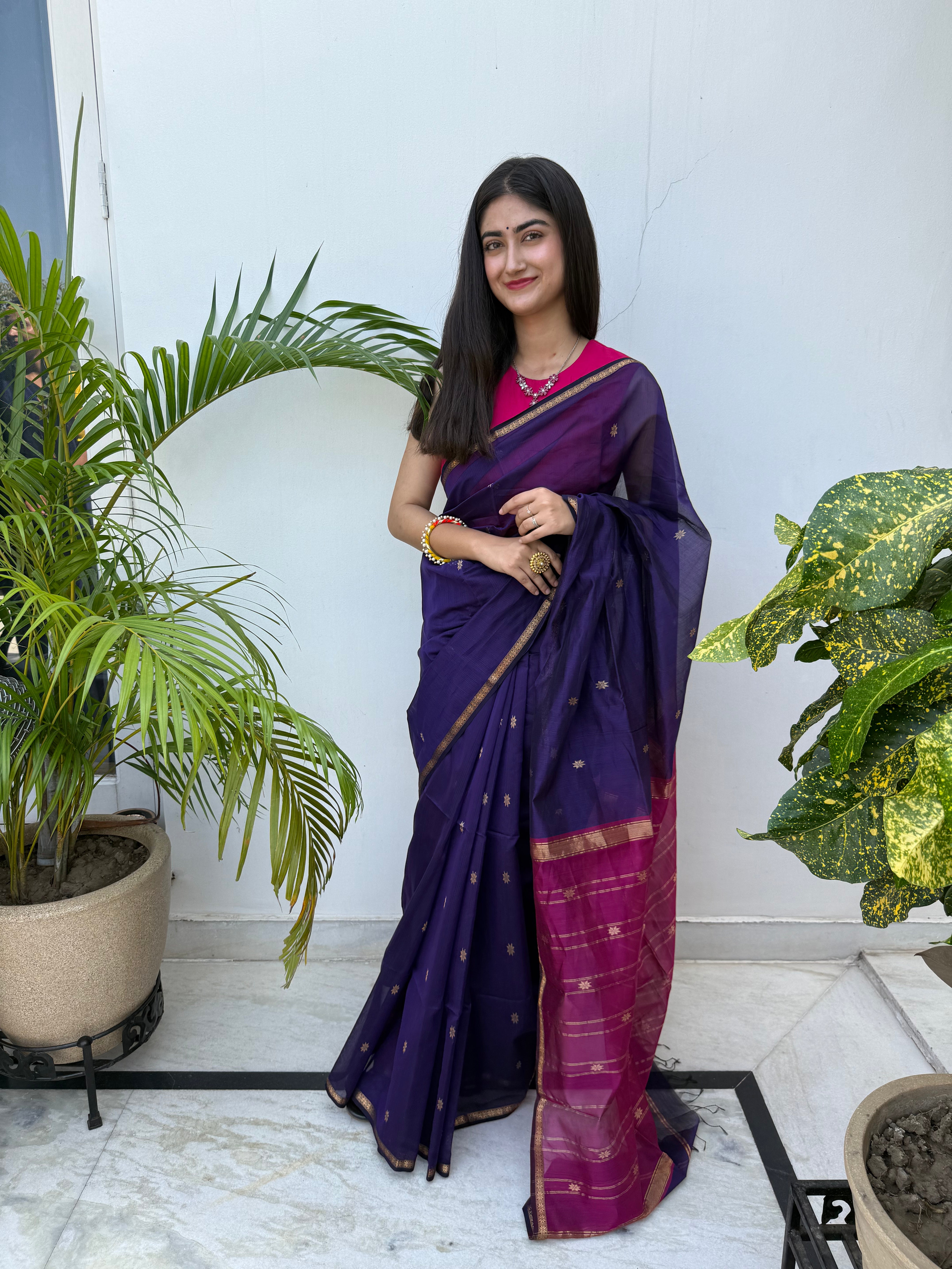 Purple Magenta Maheshwari Cotton Silk Saree