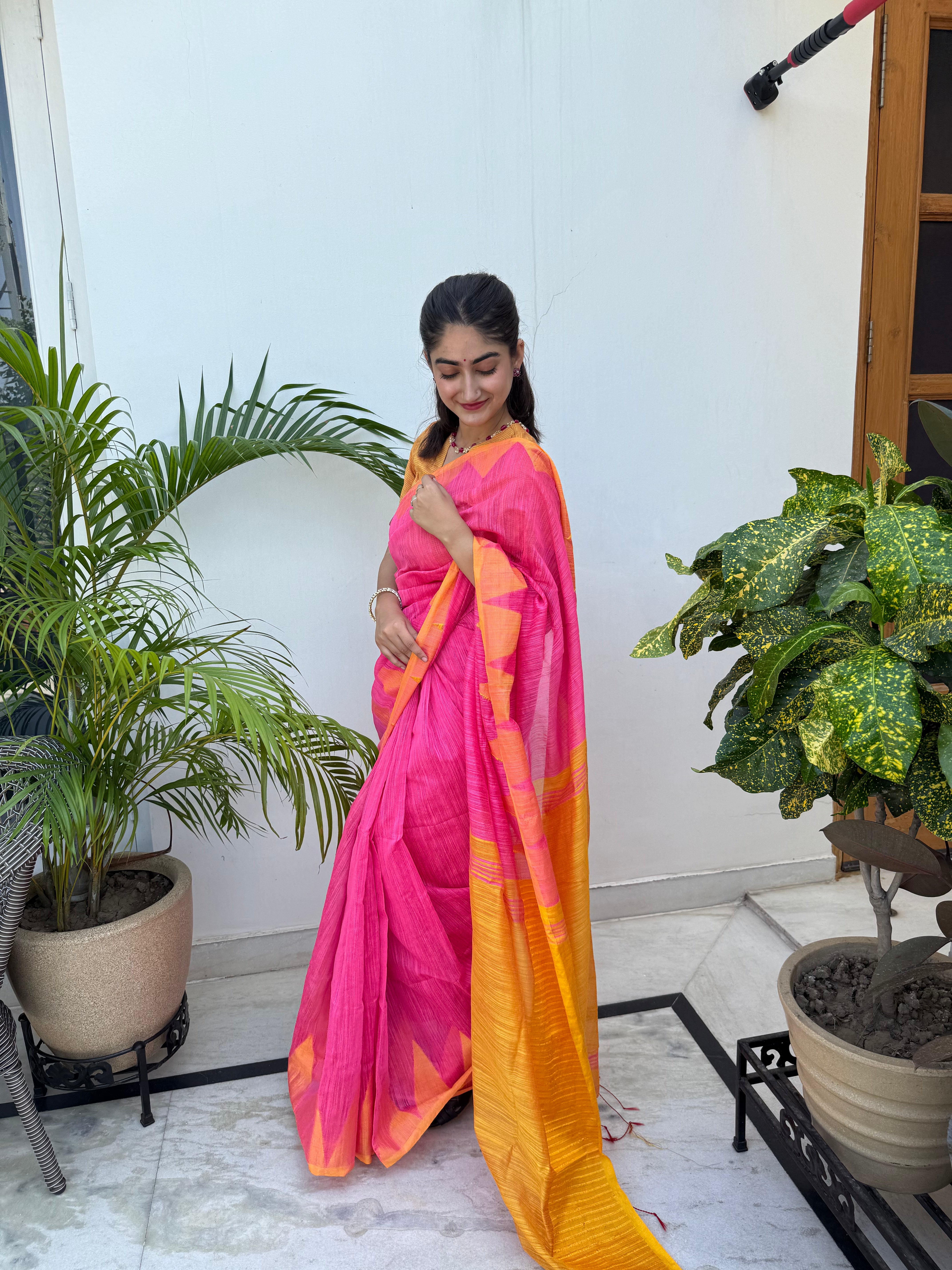 Pink and Yellow Cotton Saree