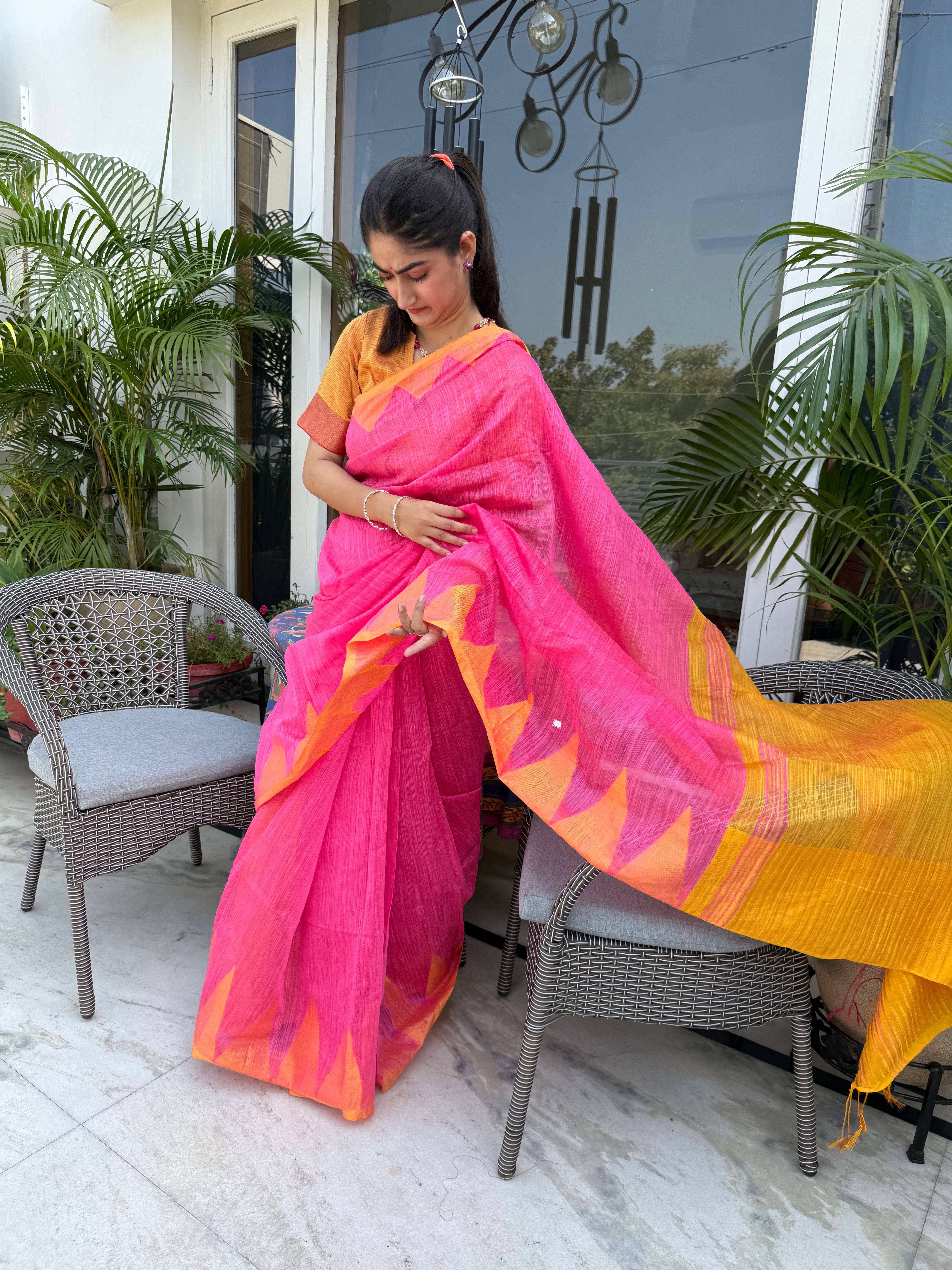 Pink and Yellow Cotton Saree
