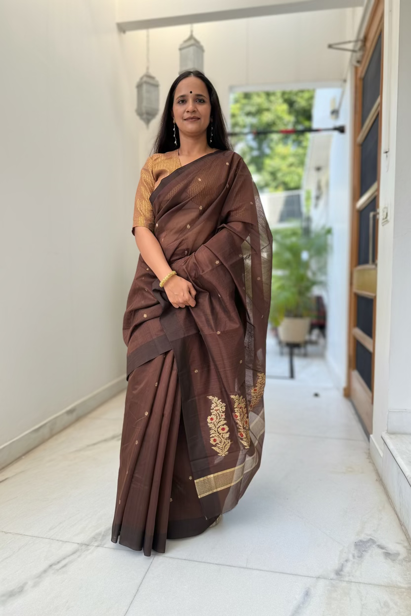 Brown and Golden Chanderi Cotton Silk Saree