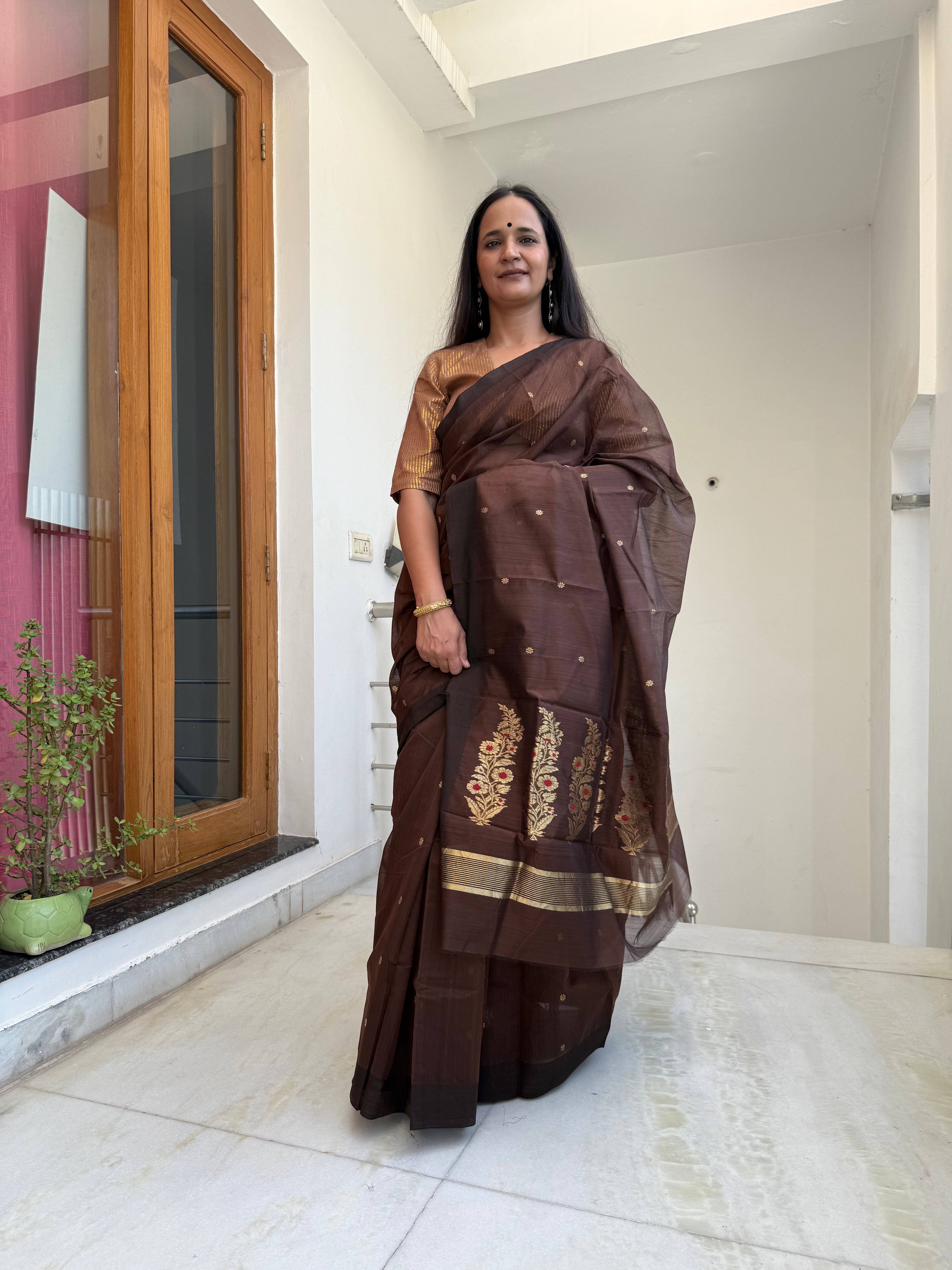 Brown and Golden Chanderi Cotton Silk Saree