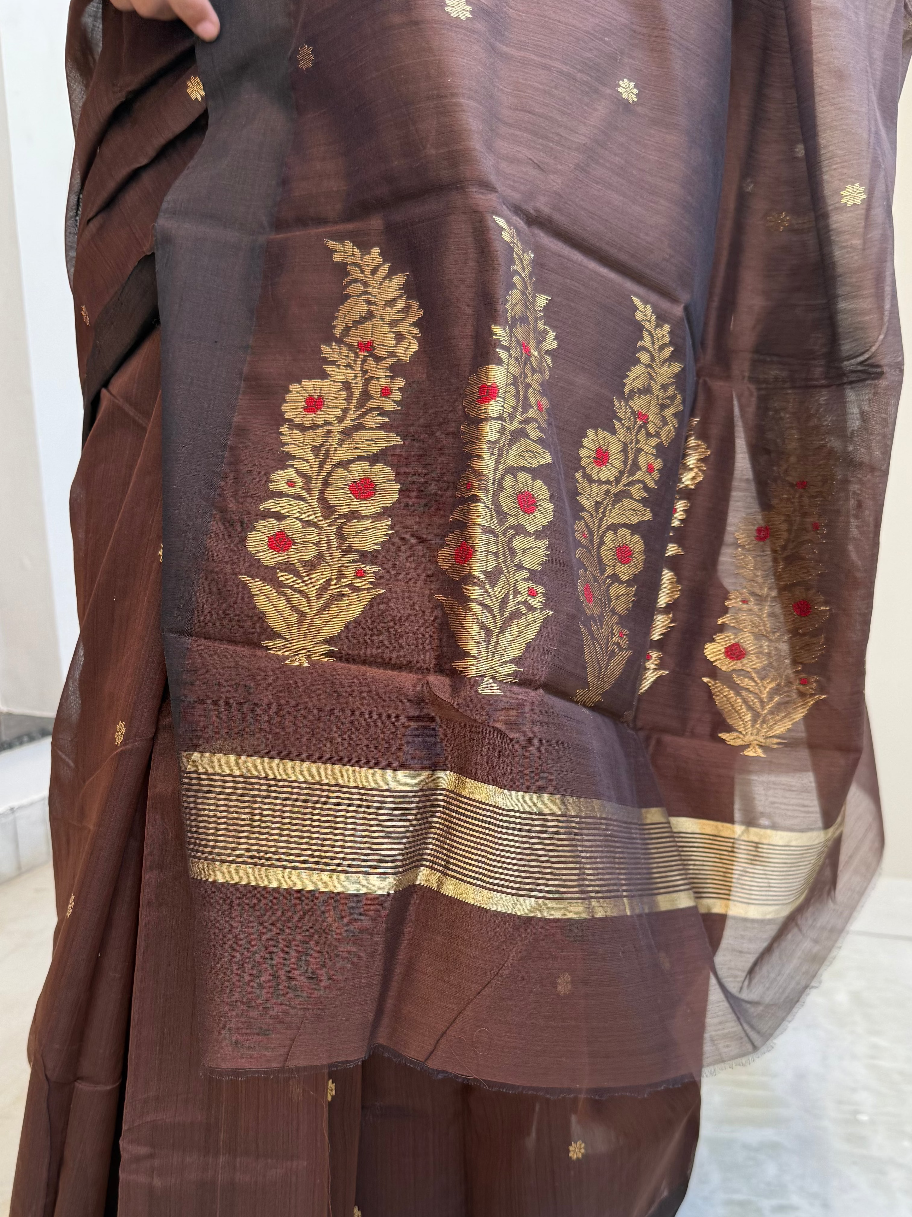 Brown and Golden Chanderi Cotton Silk Saree