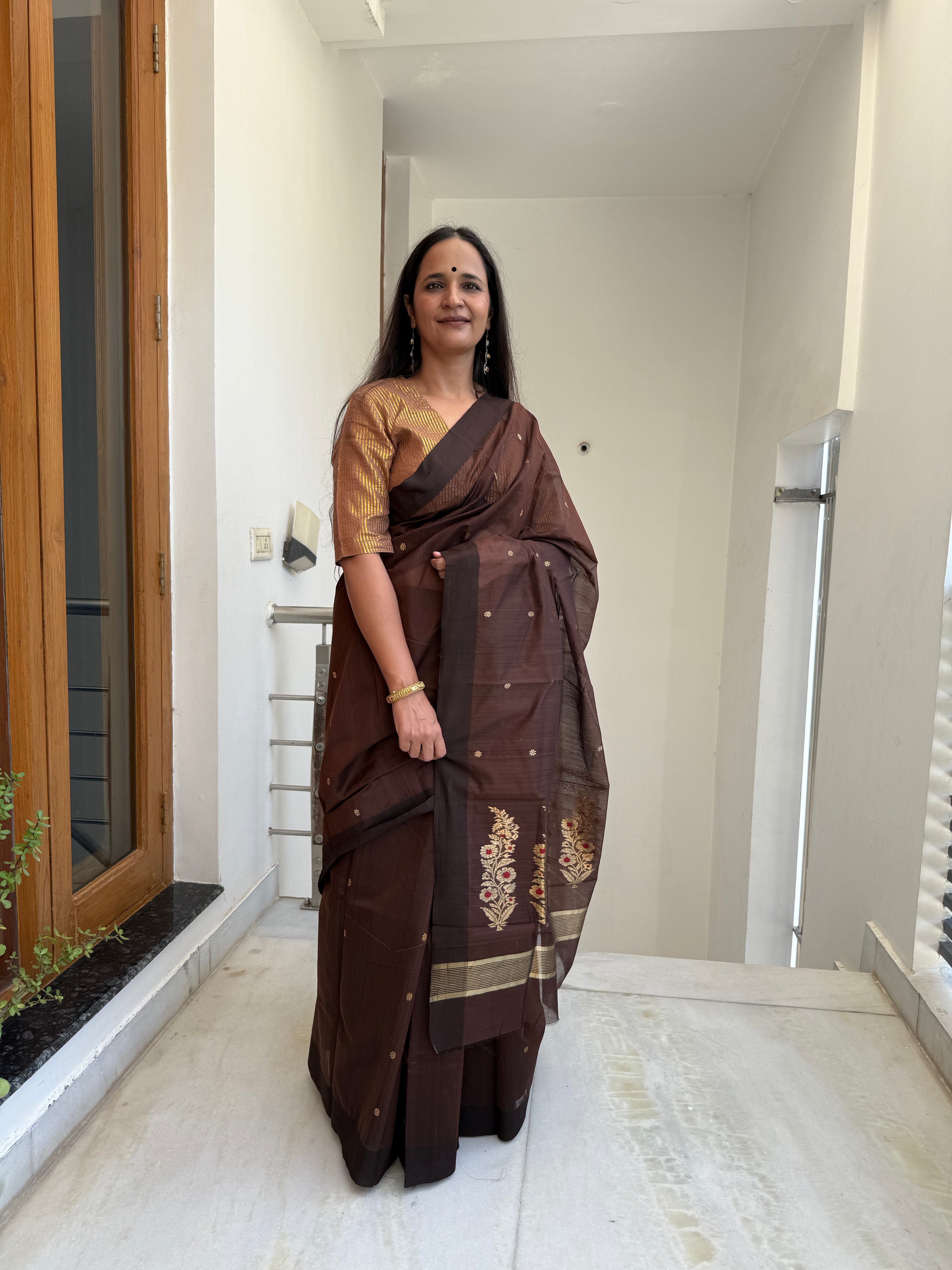 Brown and Golden Chanderi Cotton Silk Saree