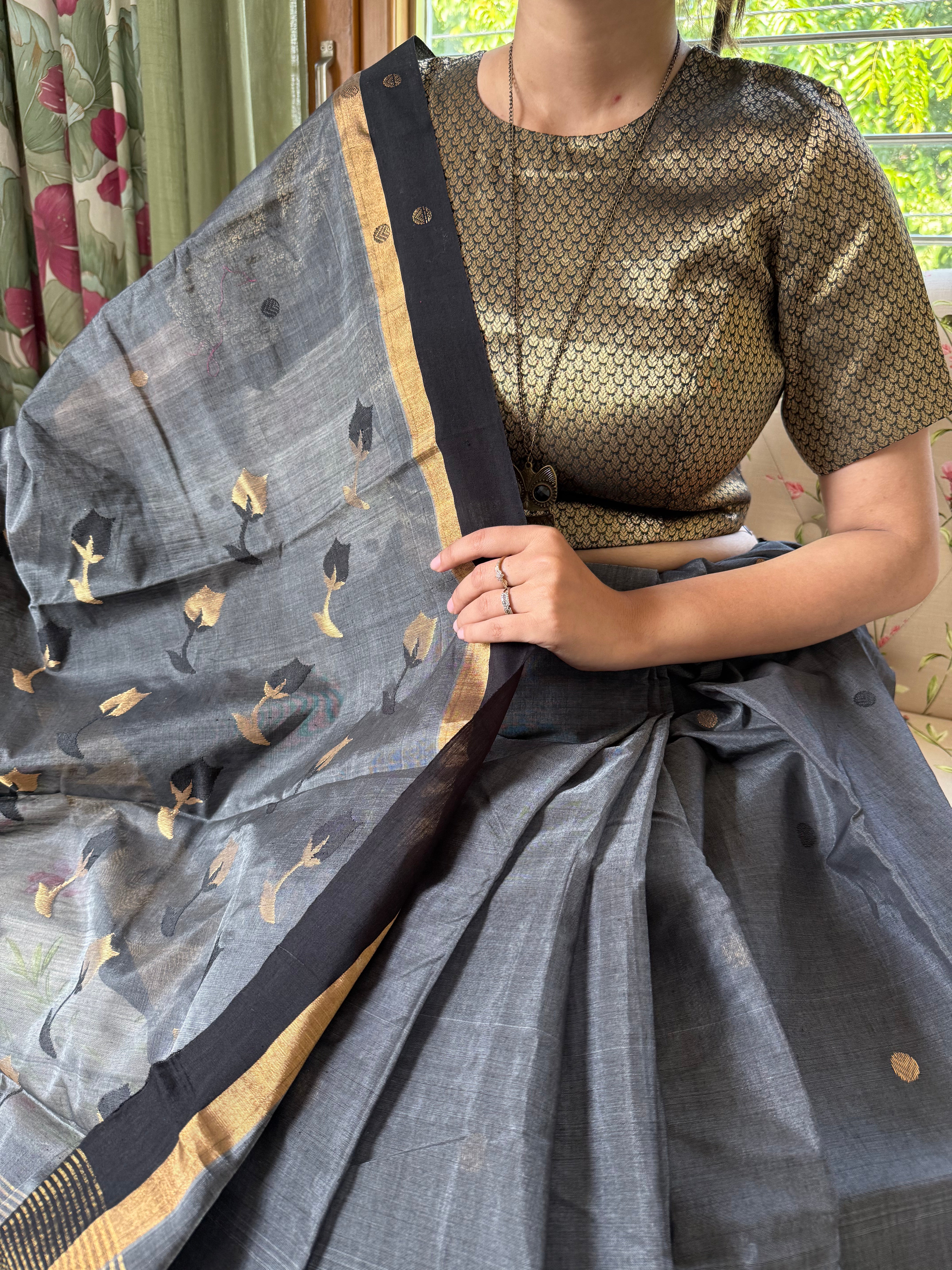 Grey Pure Silk Chanderi Saree with Golden Zari Border and Handwoven Buti