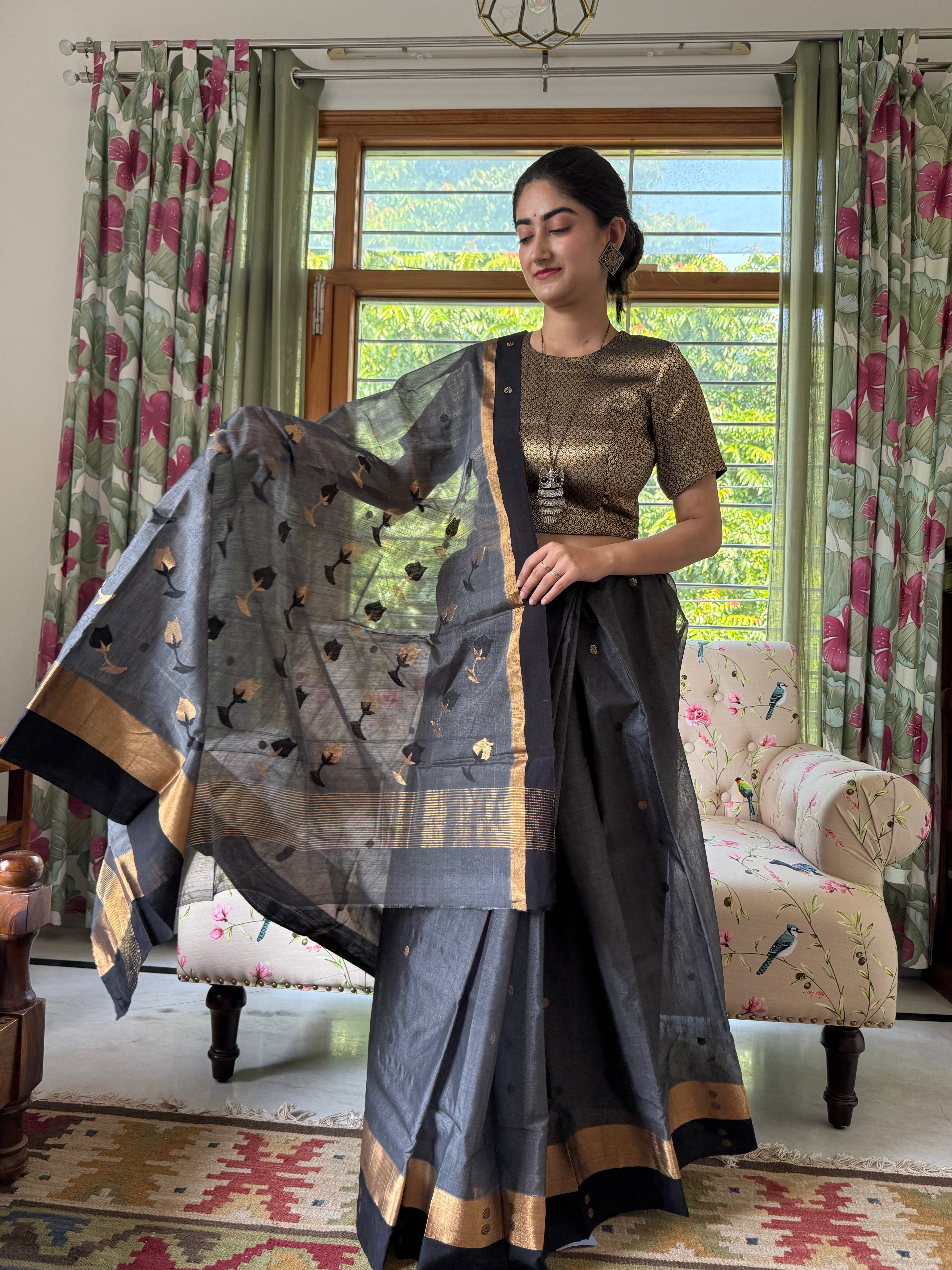 Grey Pure Silk Chanderi Saree with Golden Zari Border and Handwoven Buti